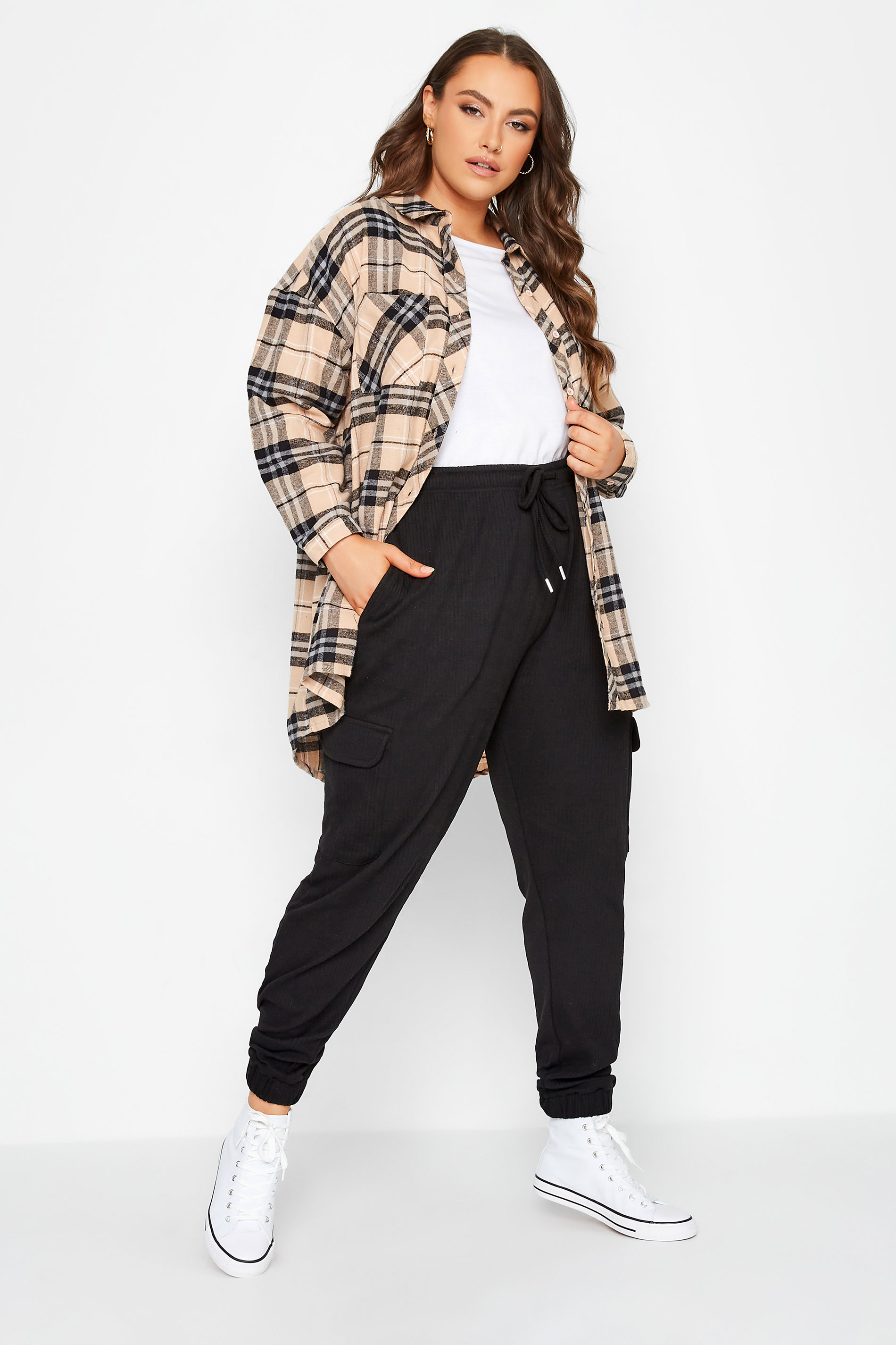 Plus Size Black Ribbed Stretch Cargo Joggers | Yours Clothing 2