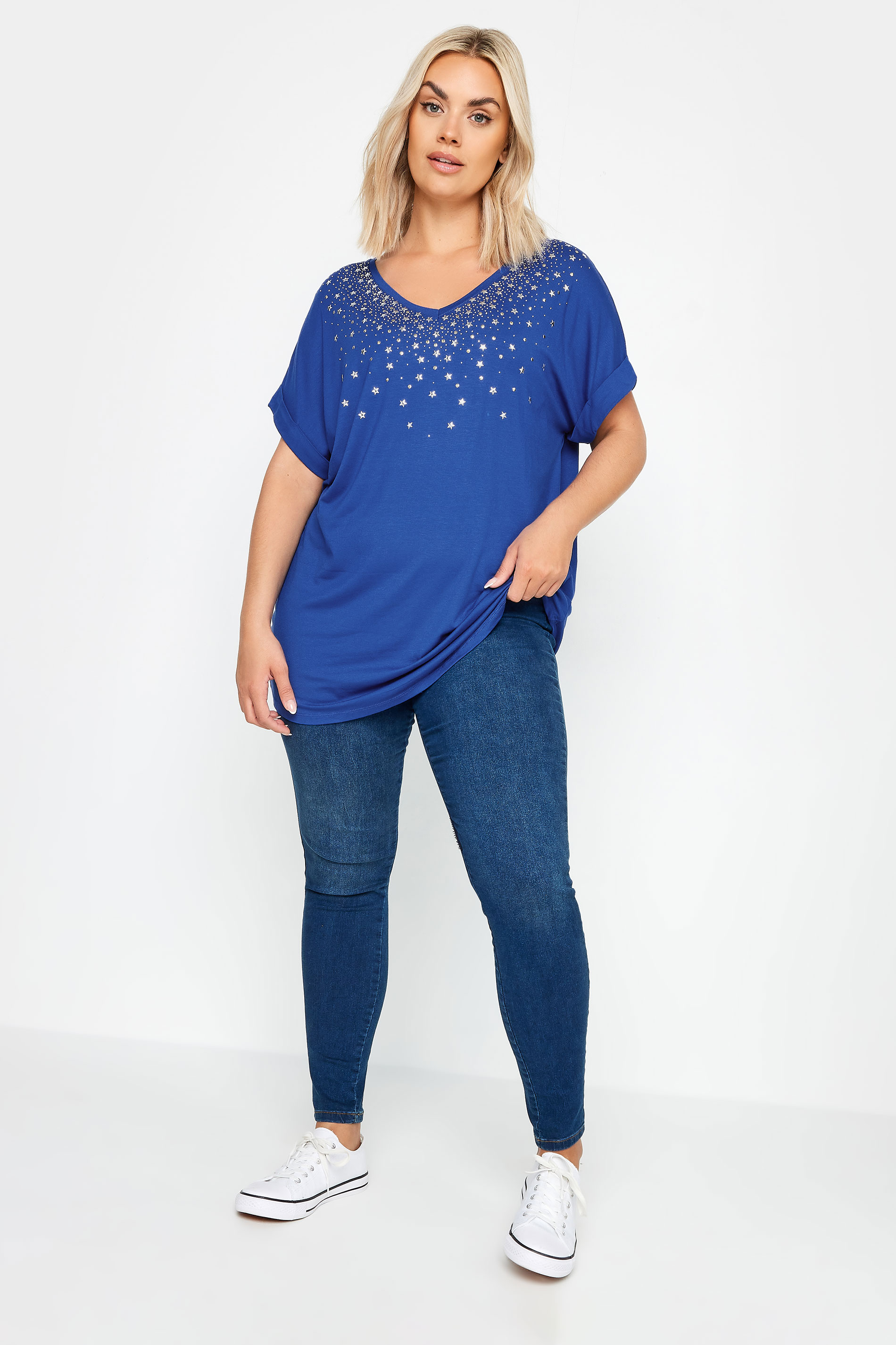 YOURS Plus Size Navy Blue Sequin Star Embellished T-Shirt | Yours Clothing 3