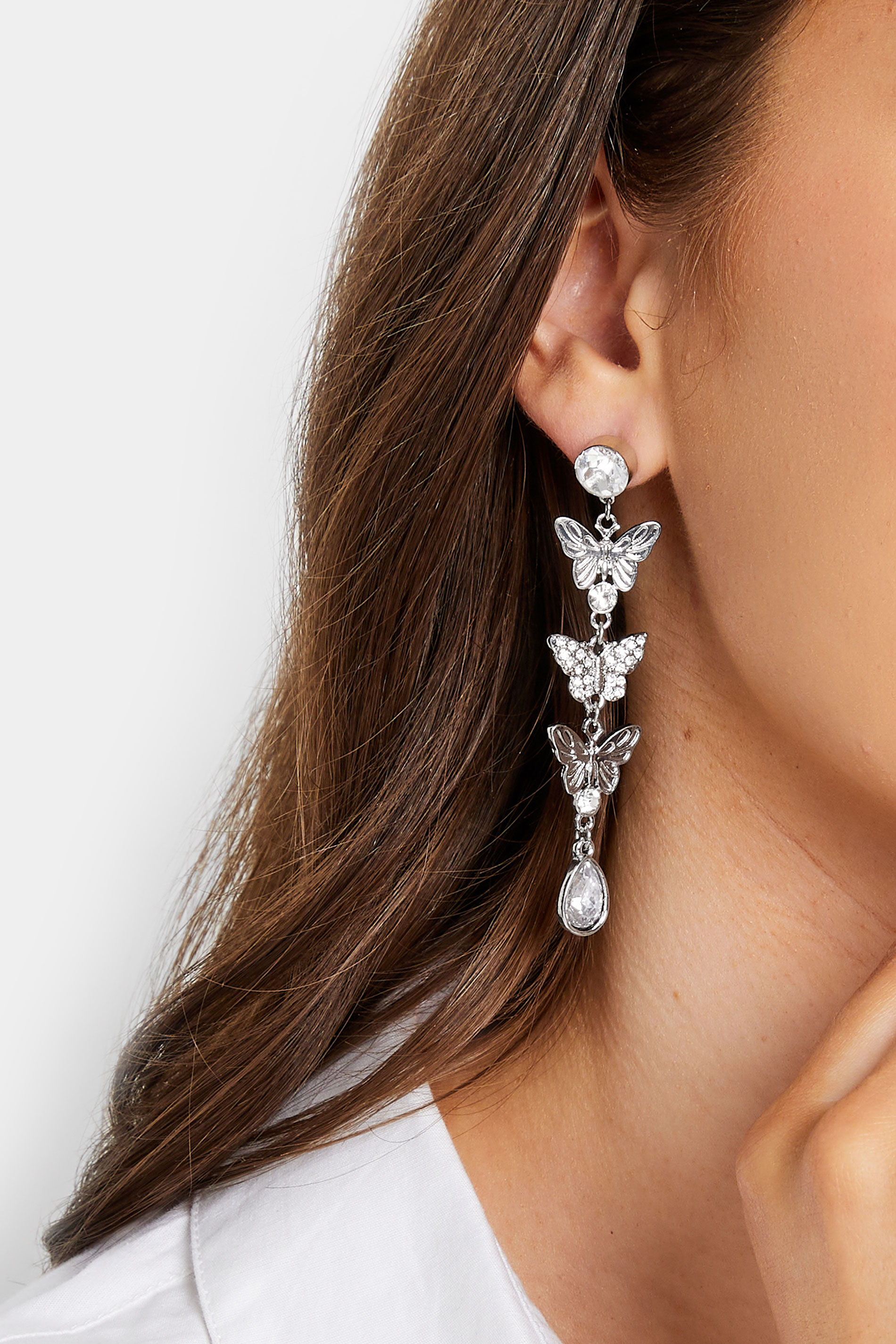 Silver Butterfly Diamante Drop Earrings | Yours Clothing 1