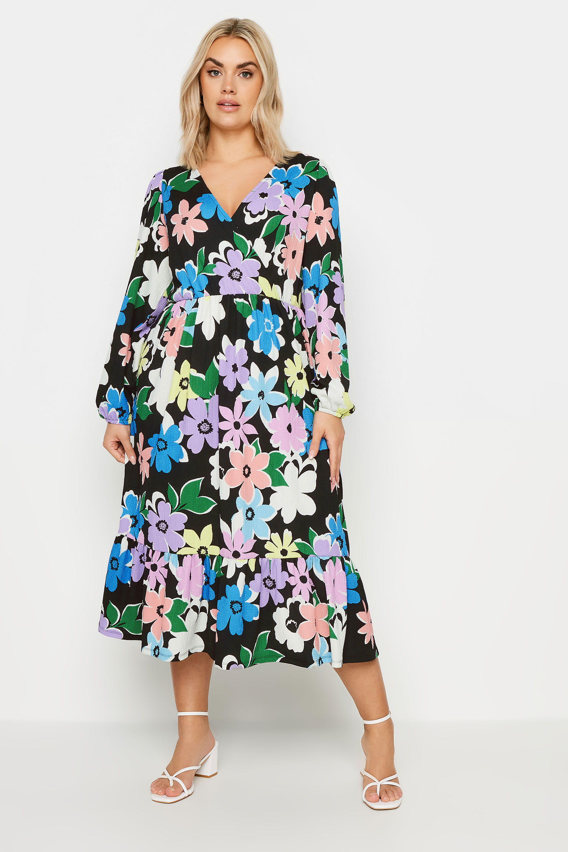 LIMITED COLLECTION Plus Size Black Floral Print Textured Wrap Dress | Yours Clothing 2