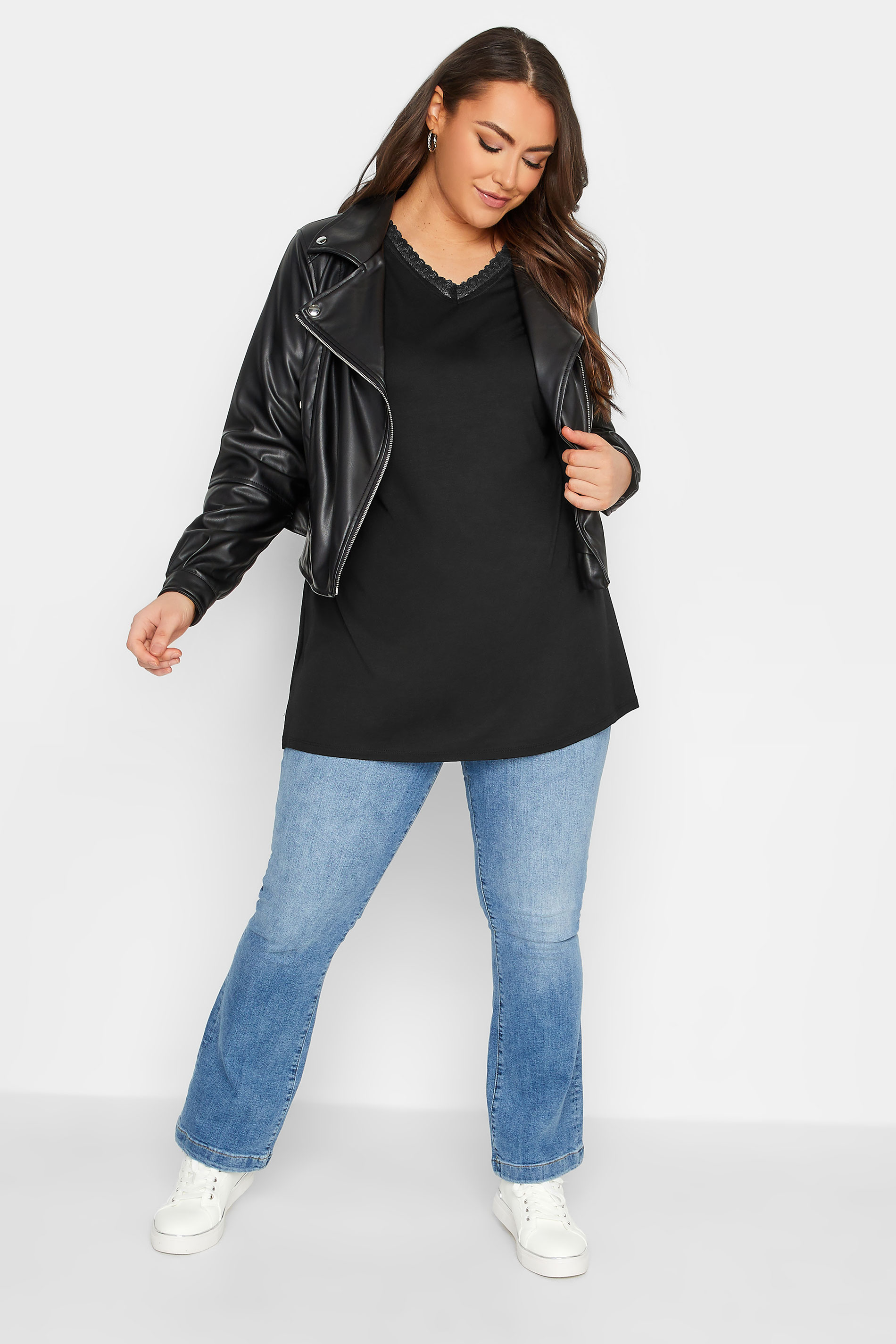 YOURS Plus Size Black Lace Neck T-Shirt | Yours Clothing 2