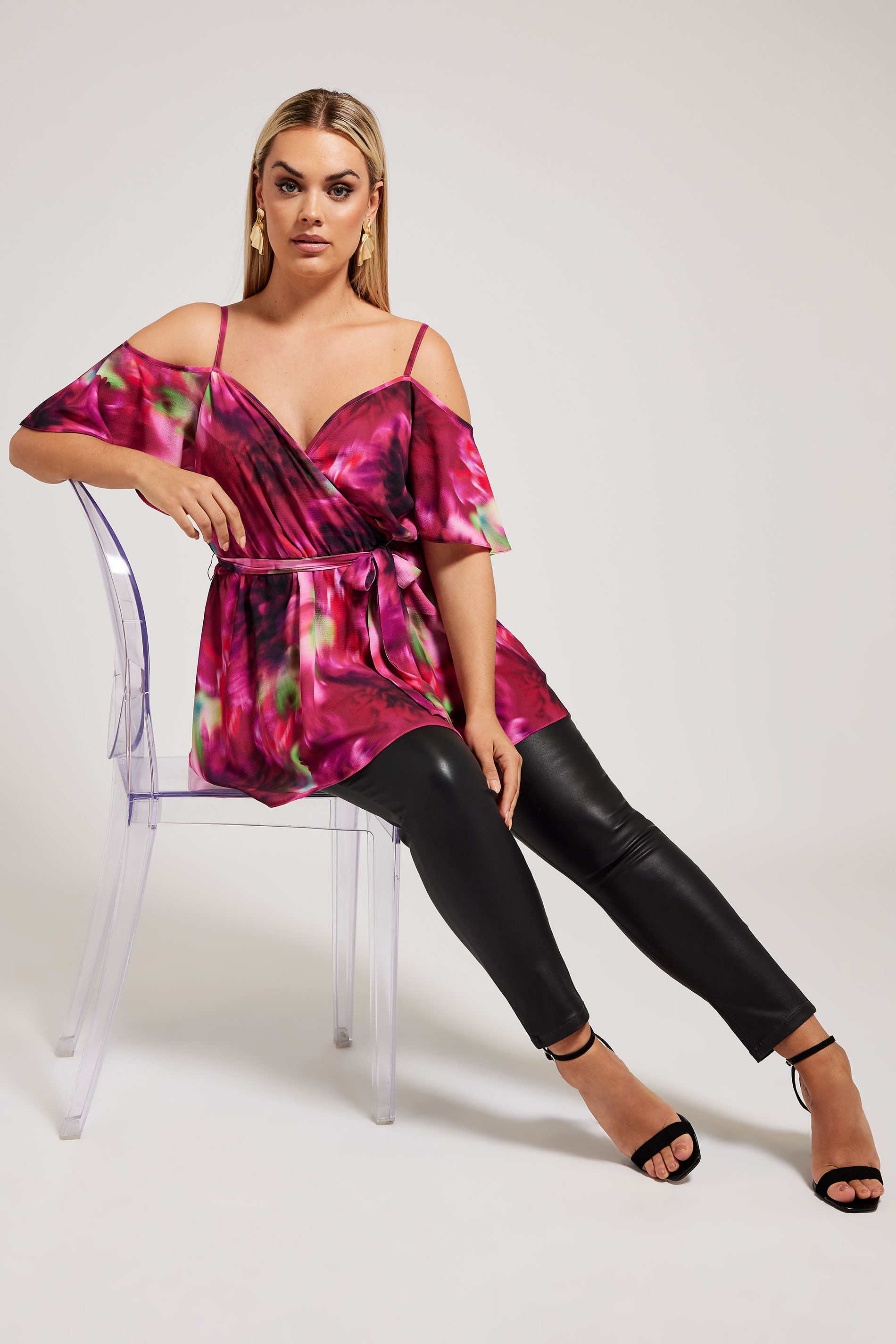 YOURS LONDON Plus Size Pink Floral Print Cold Shoulder Top | Yours Clothing 2