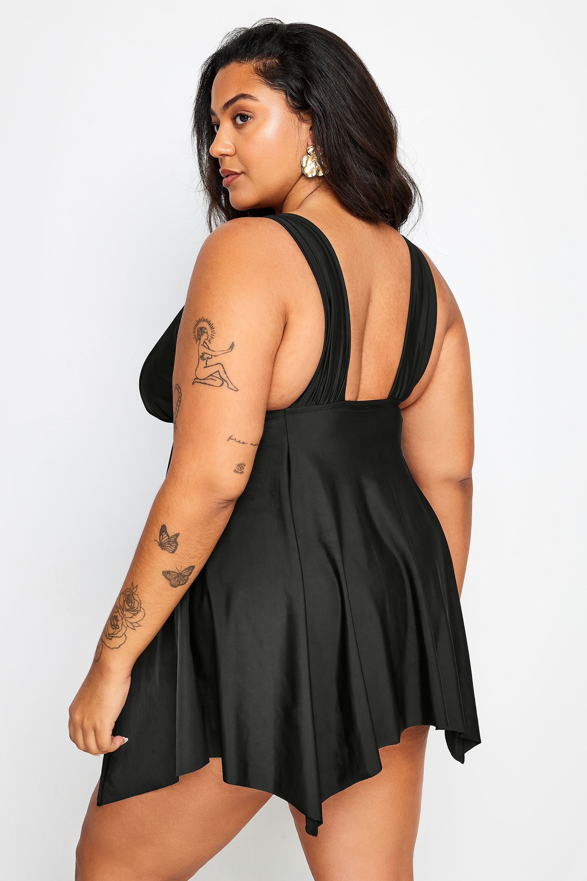 YOURS Plus Size Black Knotted Strap Hanky Hem Swim Dress | Yours Clothing 3