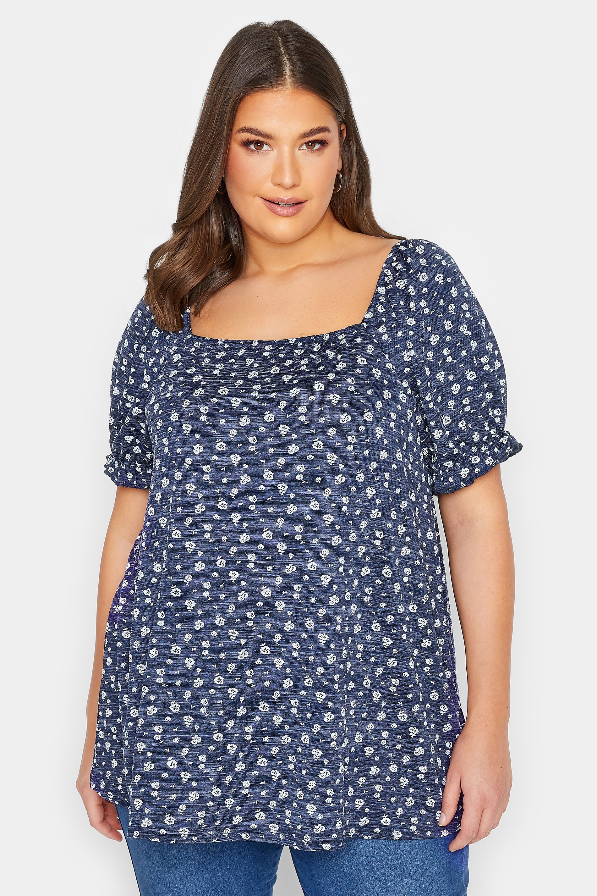 YOURS Plus Size Navy Blue Marl Ditsy Floral Top | Yours Clothing
