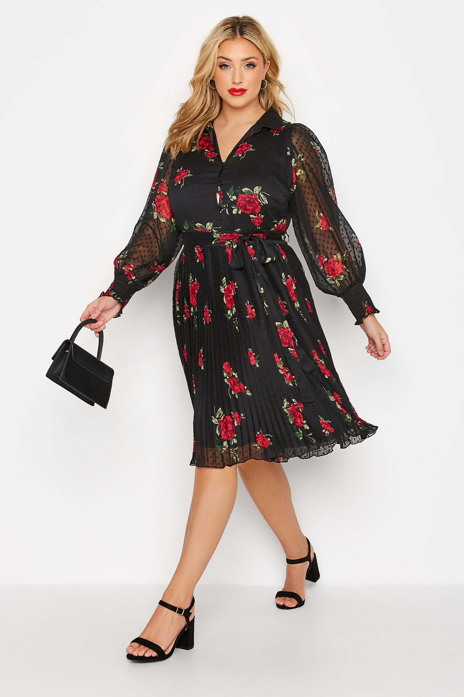 YOURS LONDON Plus Size Black Rose Print Dobby Shirt Dress | Yours Clothing 1