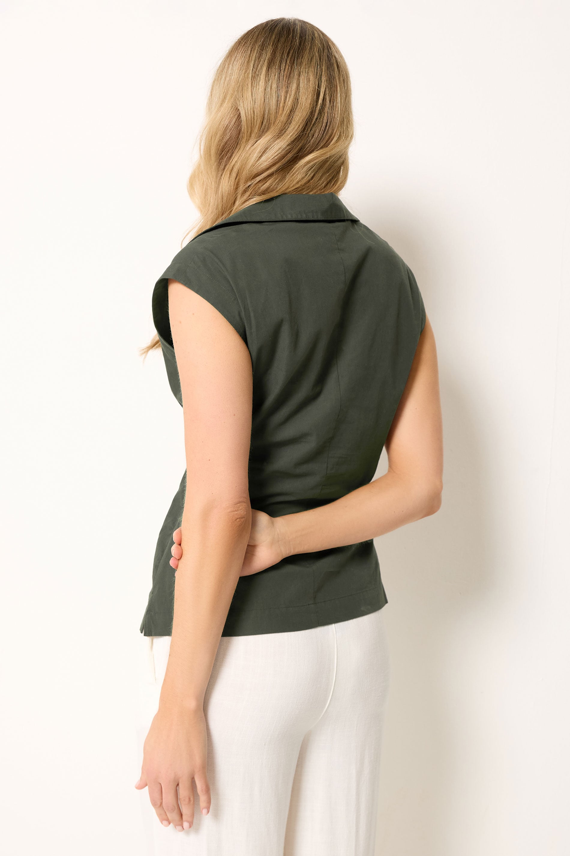 LTS Tall Women's Olive Green Open Collar Cotton Pleated Shirt | Long Tall Sally 2