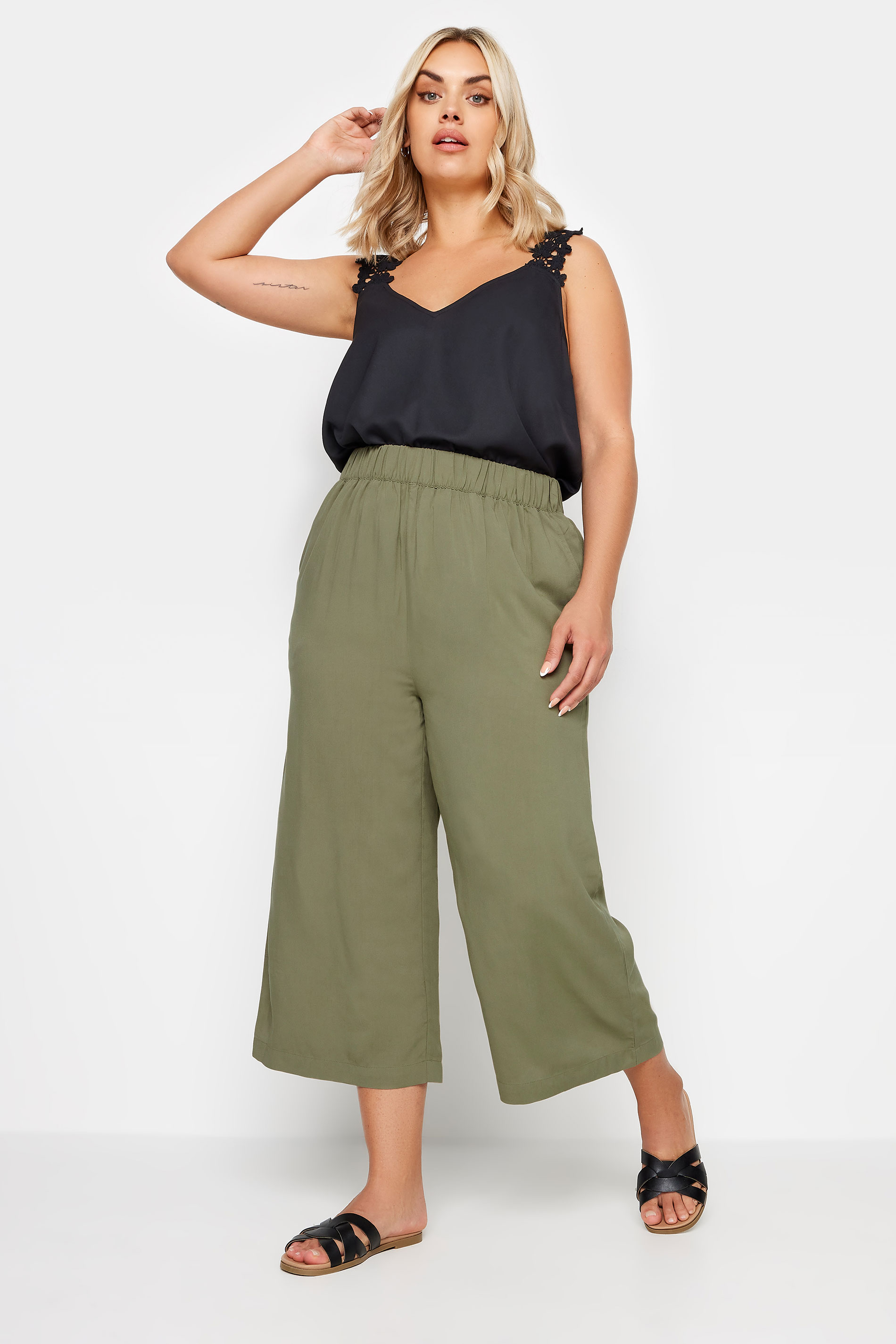 YOURS Plus Size Khaki Green Cropped Trousers | Yours Clothing 2