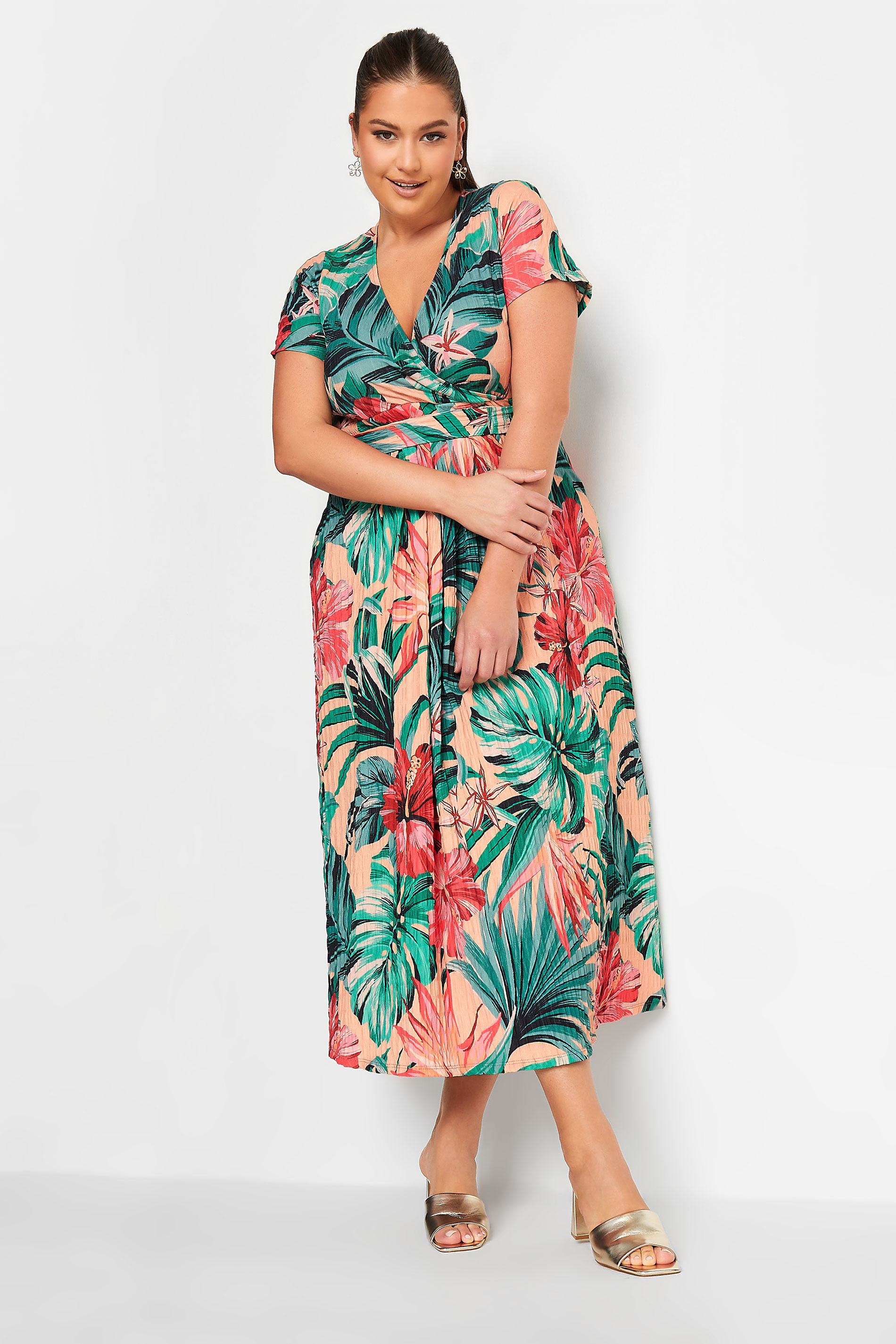 YOURS Curve Green & Peach Tropical Floral Print Wrap Dress | Yours Clothing 1