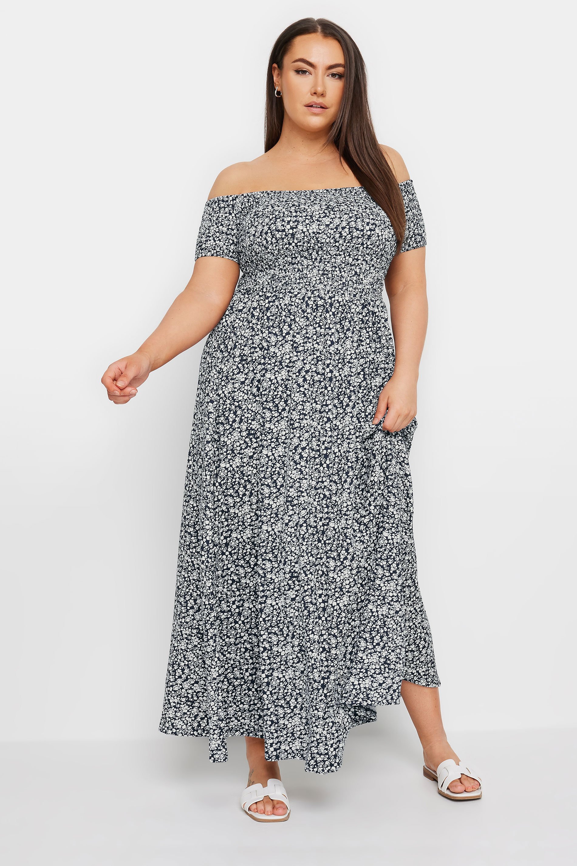 YOURS Plus Size Navy Blue Floral Print Bardot Midaxi Dress | Yours Clothing 2