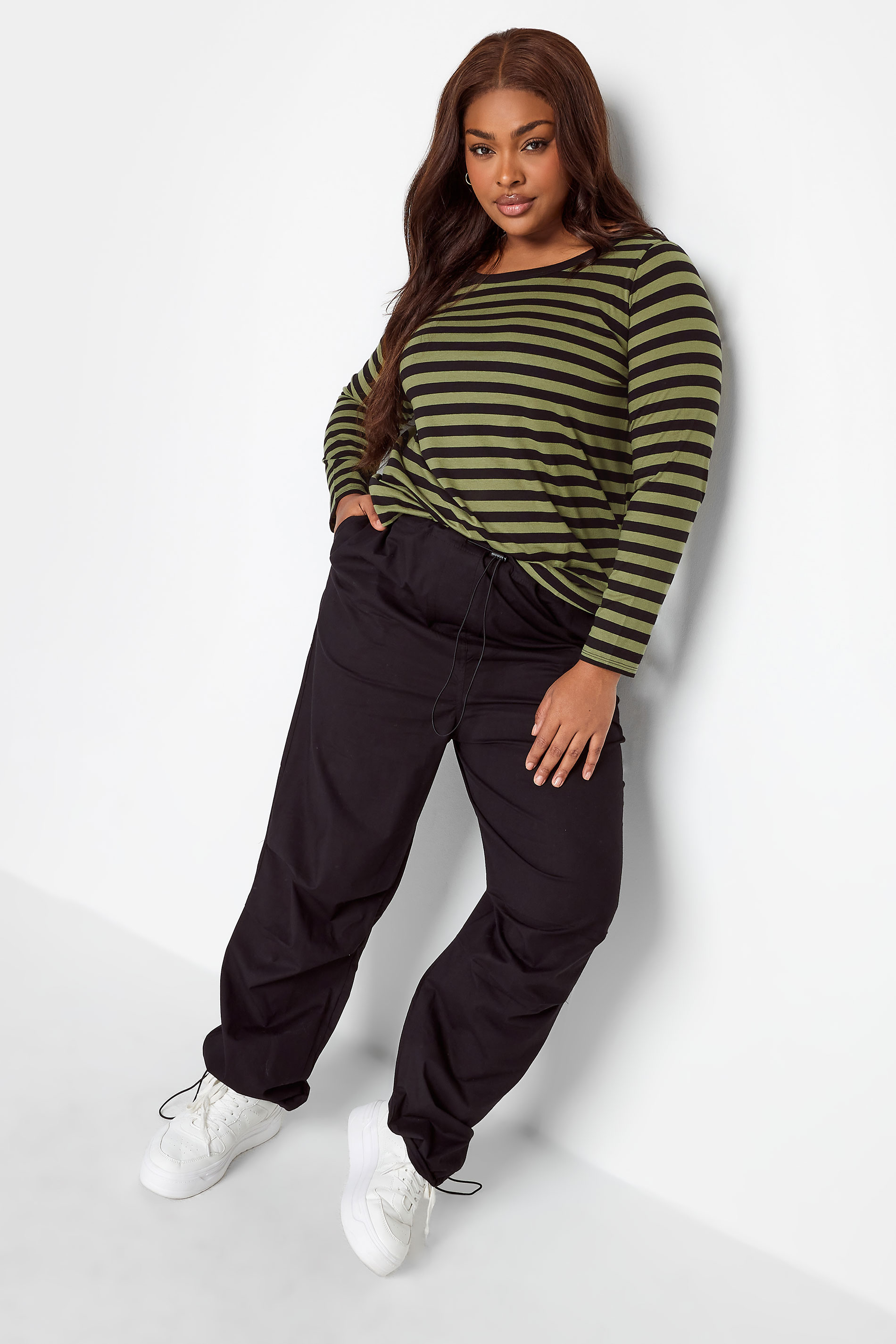 YOURS 2 PACK Plus Size Khaki Green & Beige Stripe Print Long Sleeve T-Shirts | Yours Clothing 3