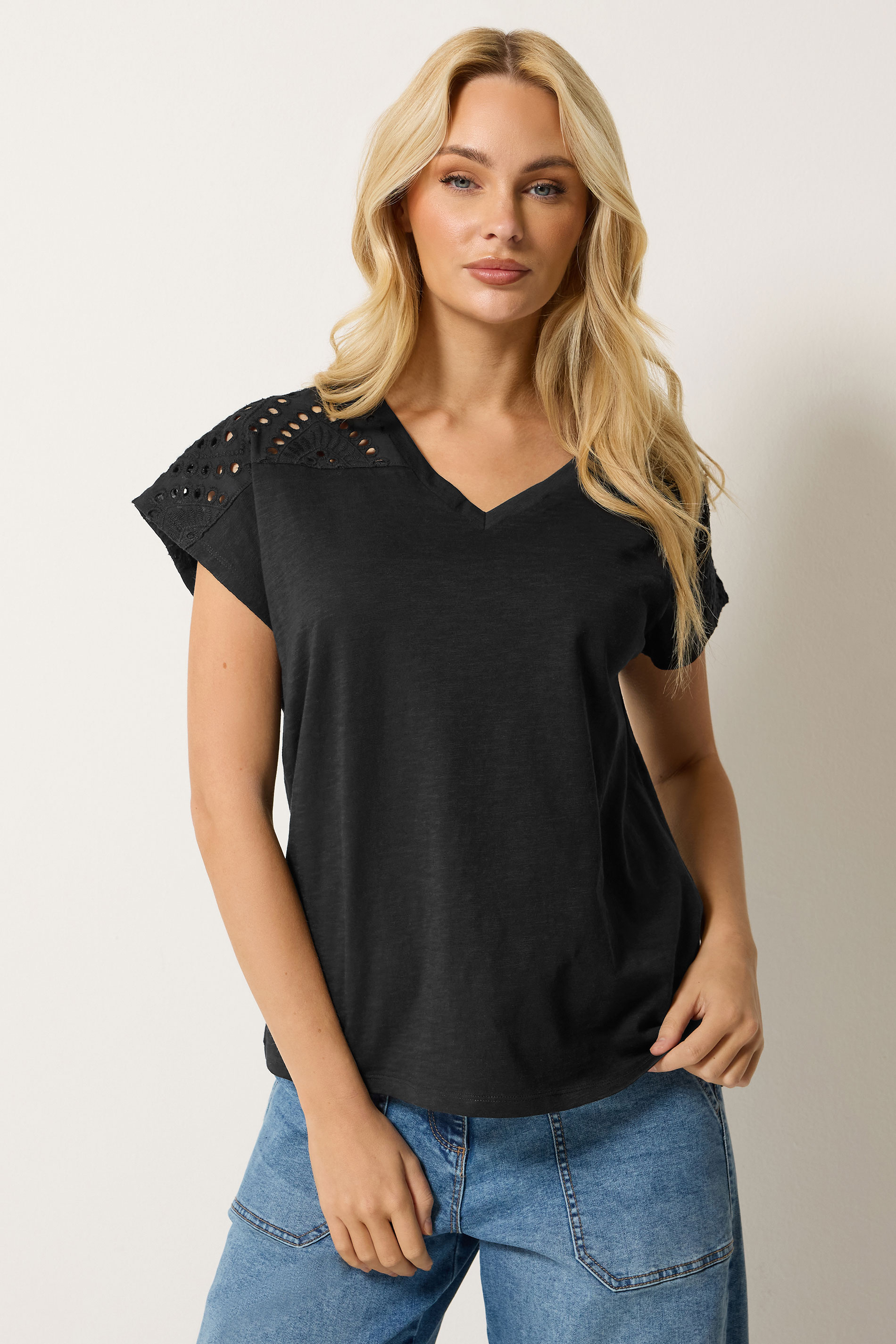 M&Co Black Broderie V-Neck Cotton T-Shirt | M&Co 3