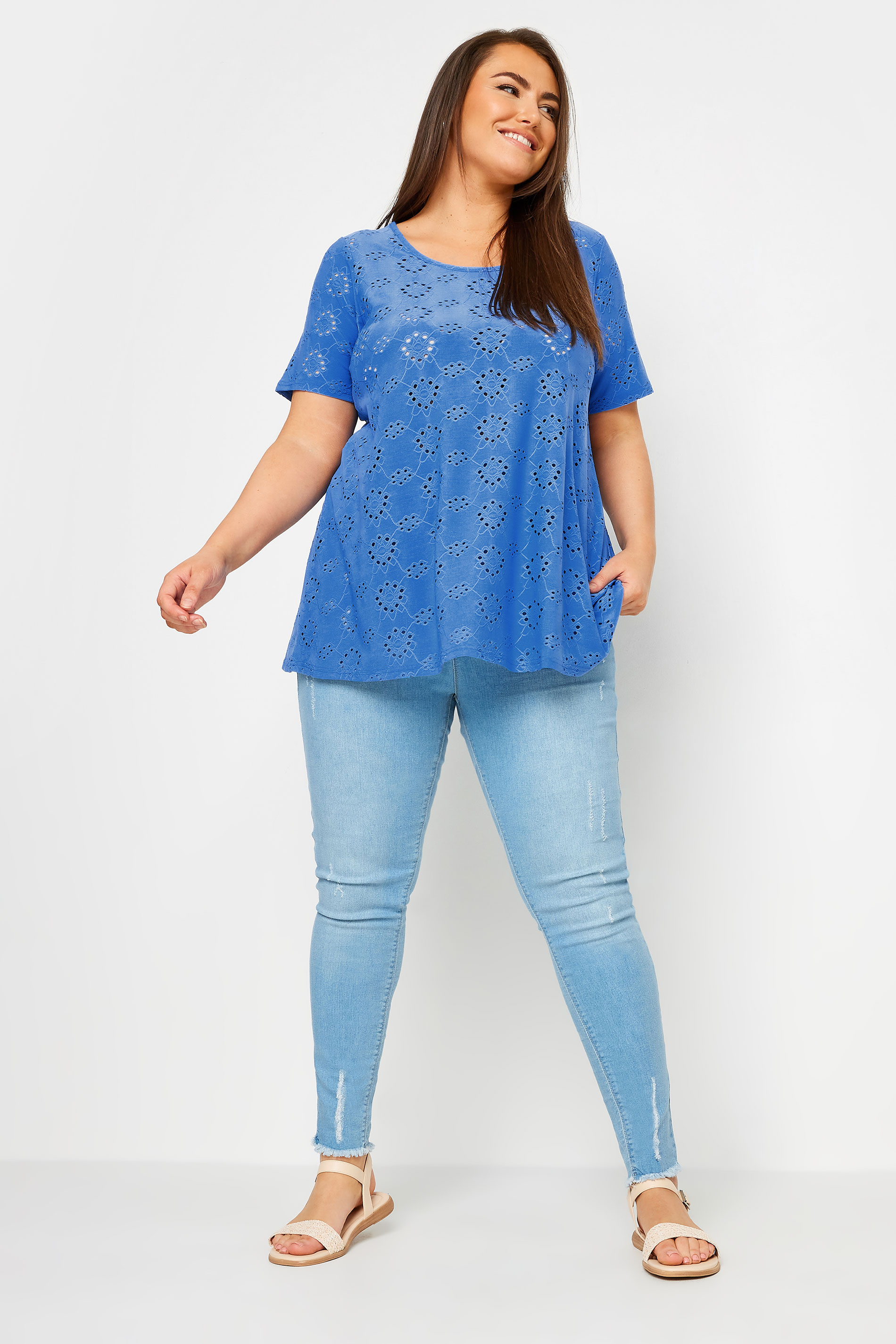 YOURS Plus Size Blue Broderie Anglaise Swing T-Shirt | Yours Clothing 2