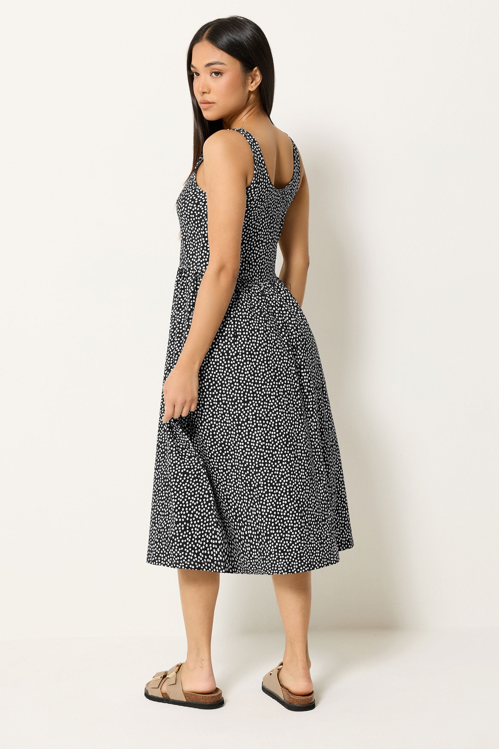 M&Co Petite Black Spot Print Sleeveless Cotton Midi Dress | M&Co 2