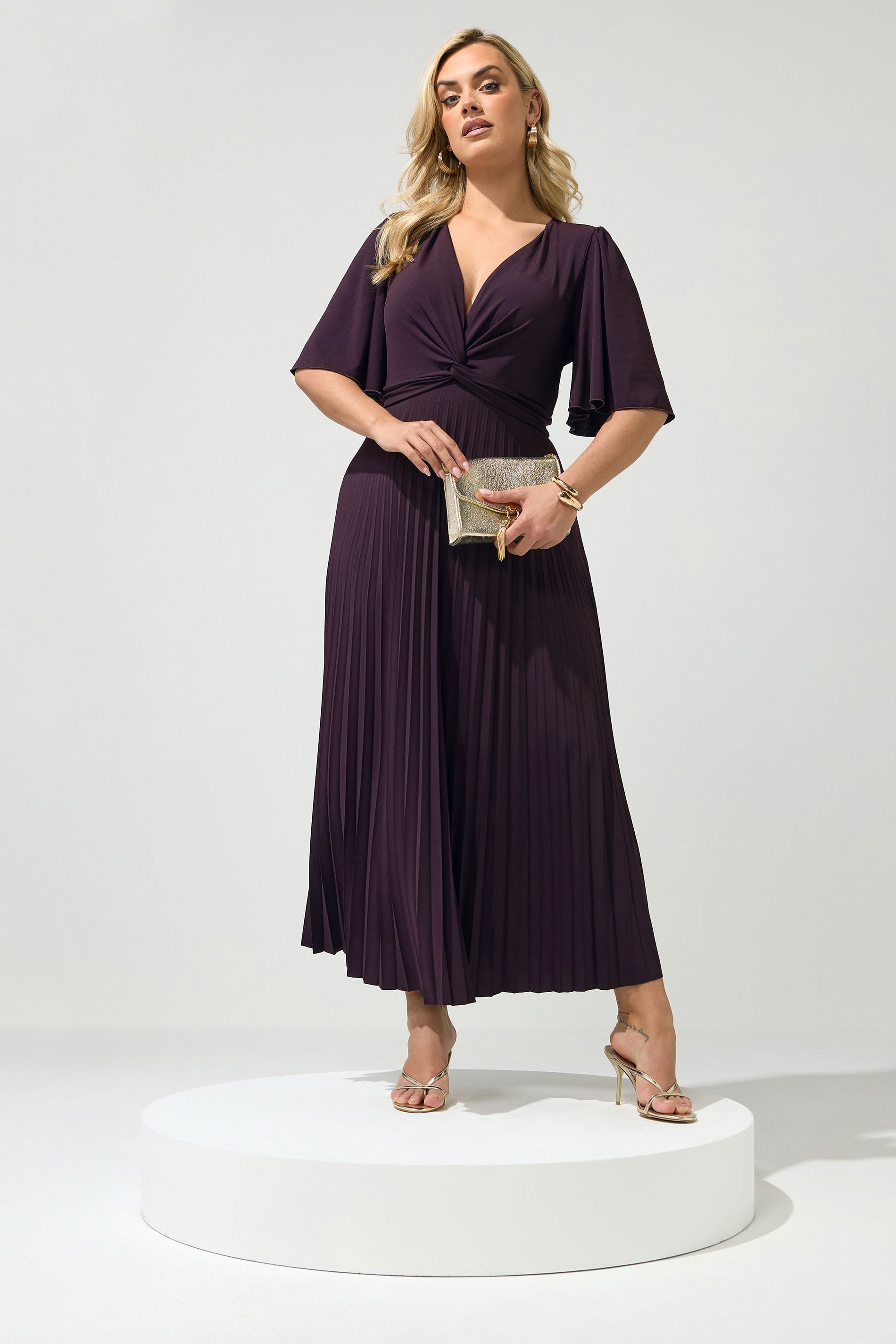 YOURS LONDON Plus Sized Dark Purple Knot Pleated Maxi Dress | Yours Clothing  3