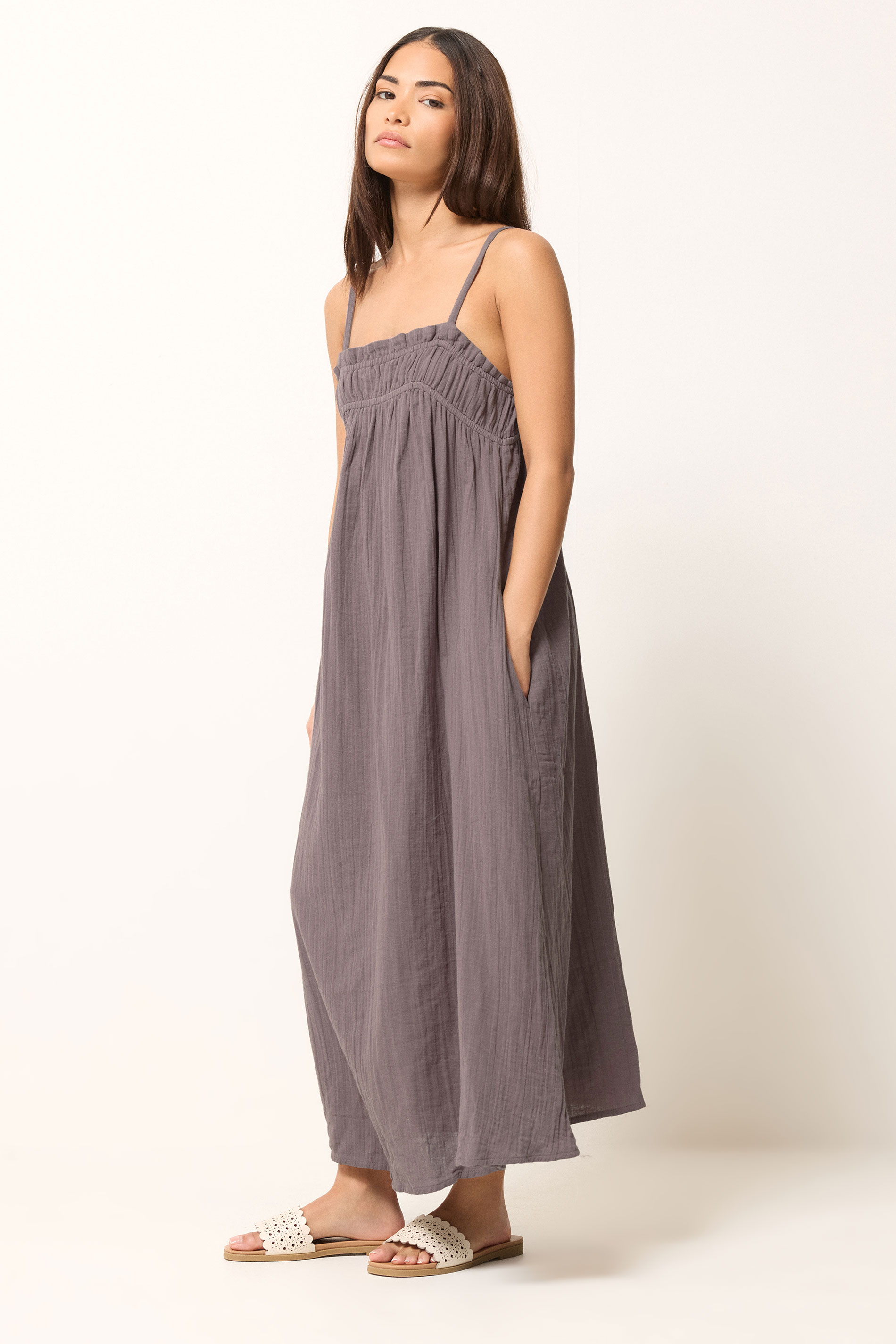 PixieGirl Petite Women's Plum Purple Cotton Cheesecloth Maxi Dress | PixieGirl 2