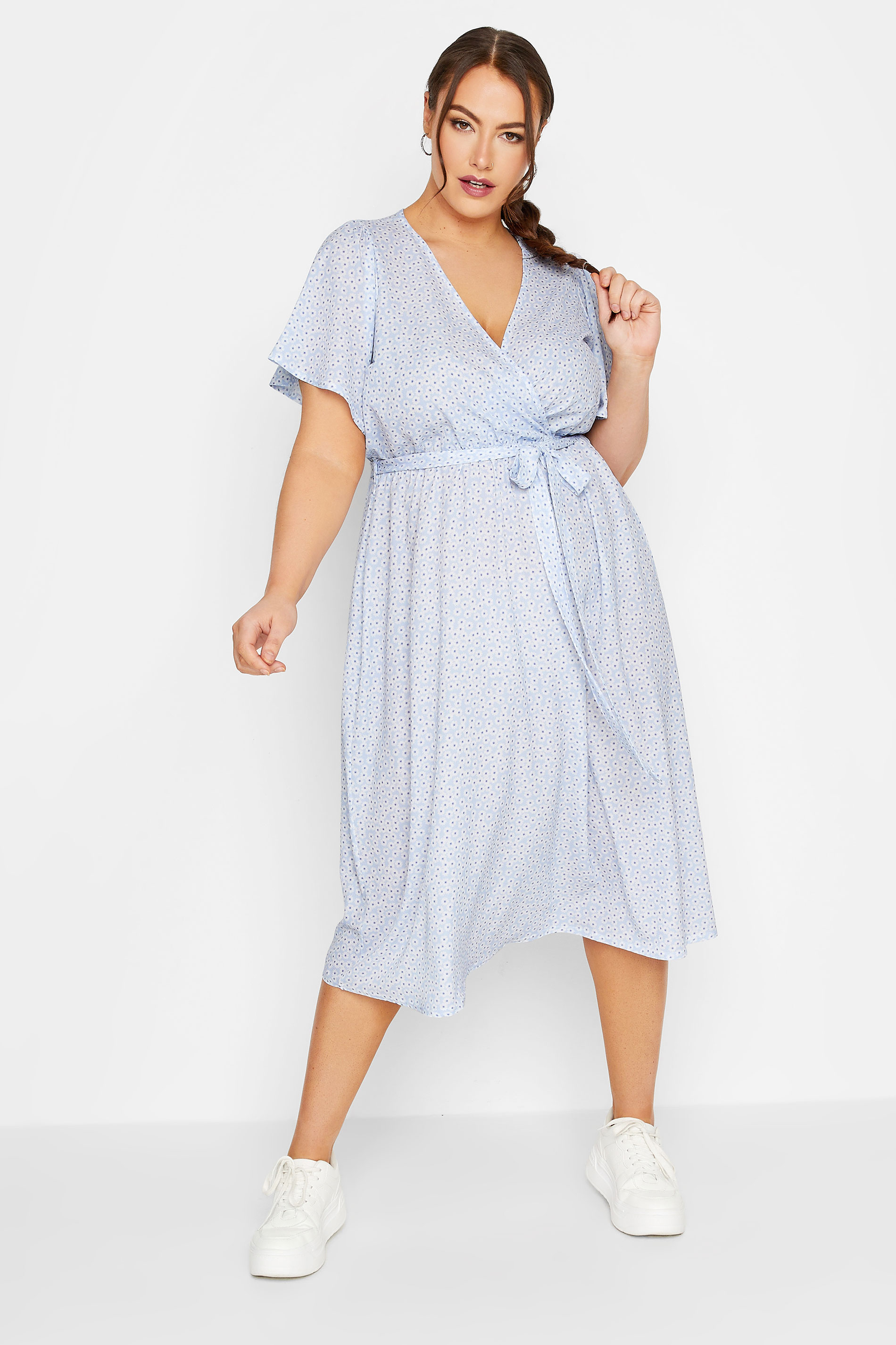 YOURS Plus Size Blue Ditsy Floral Print Wrap Dress | Yours Clothing 1