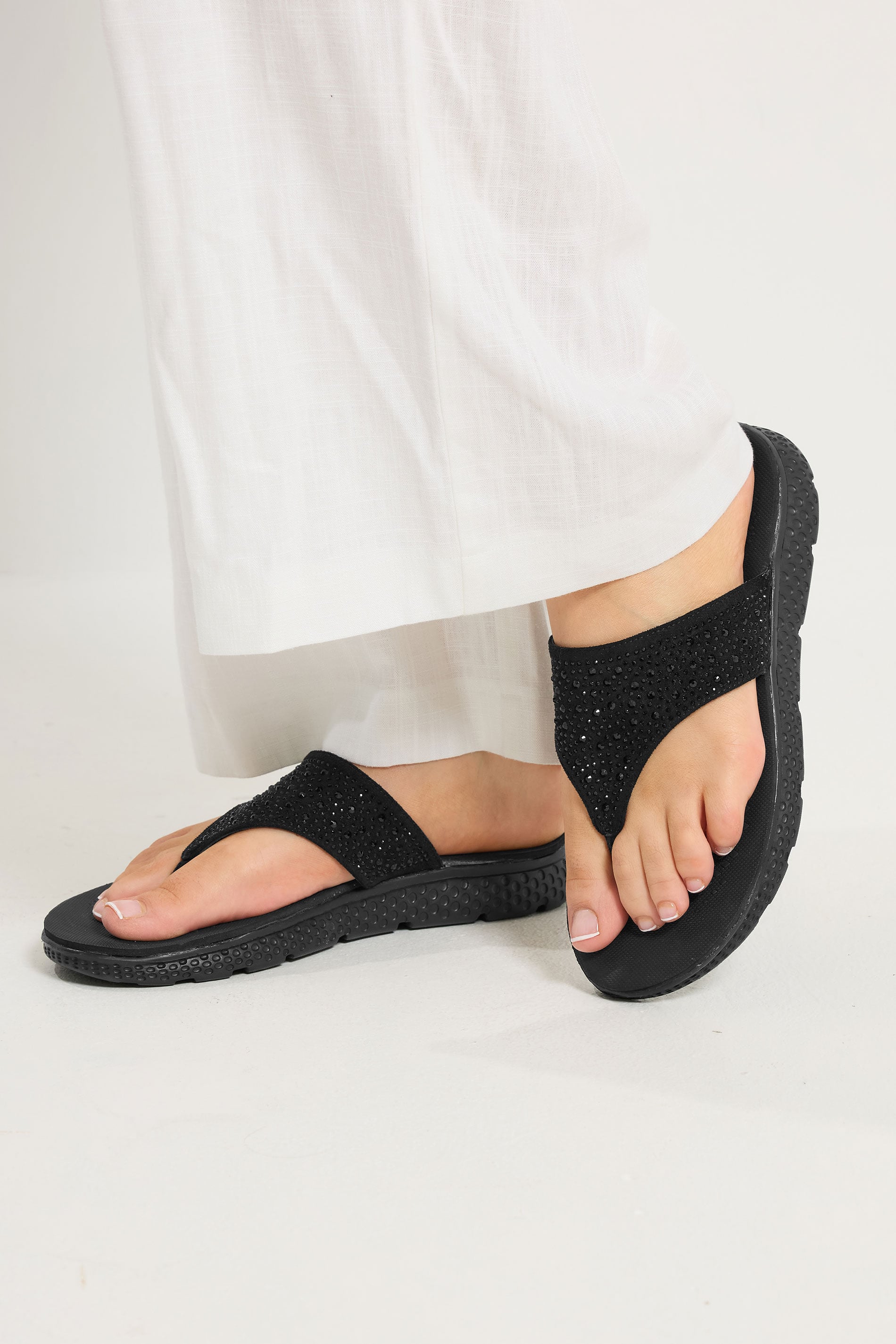 Black Diamante T-Bar Sandals In Wide E Fit | Yours Clothing 3