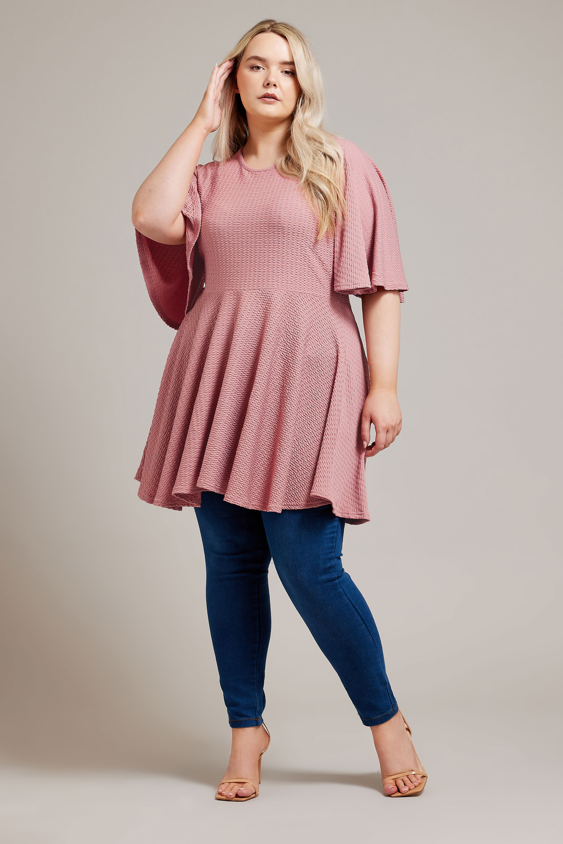 YOURS LONDON Plus Size Pink Angel Sleeve Jacquard Top | Yours Clothing 2