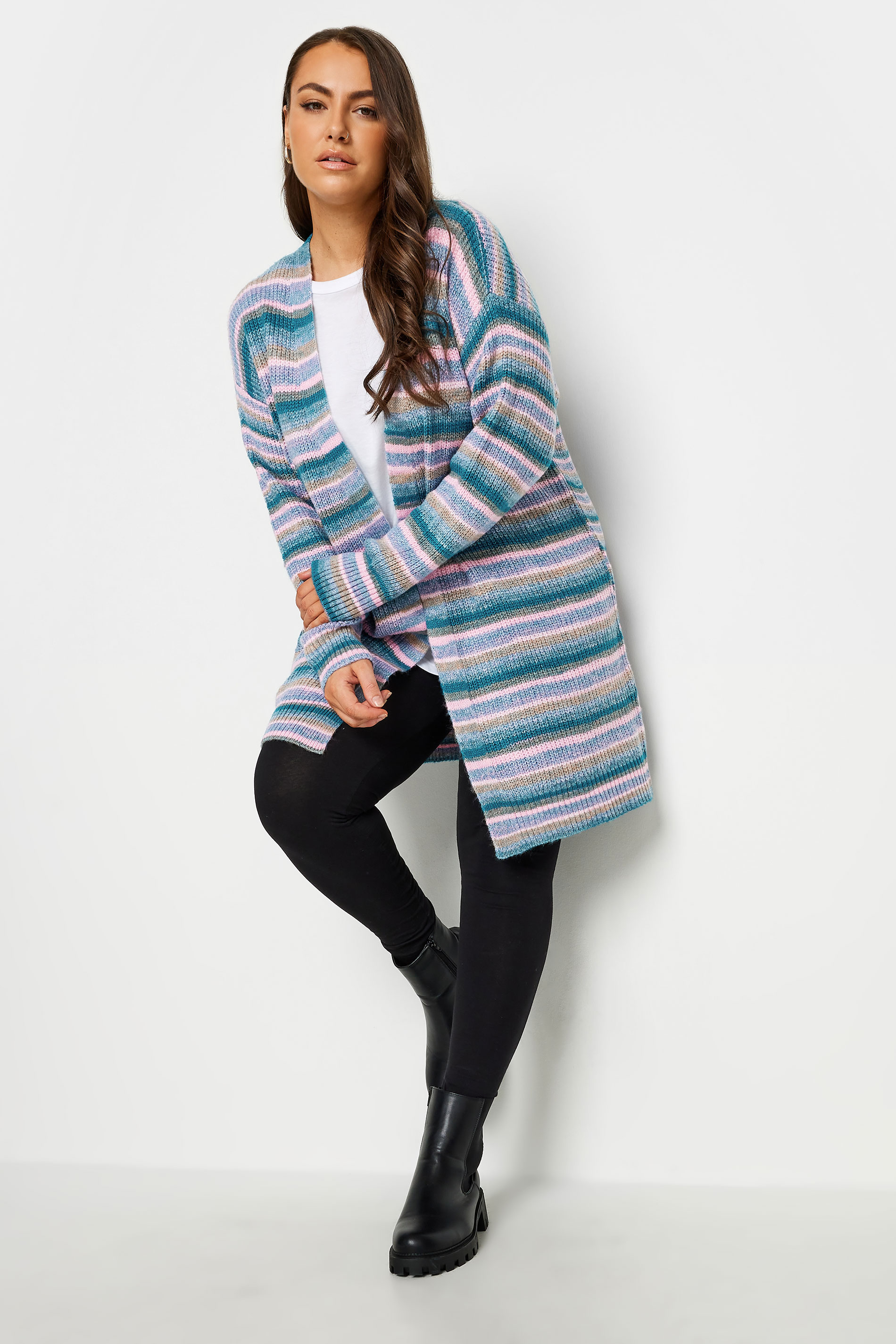 YOURS Plus Size Teal Blue Stripe Knitted Cardigan | Yours Clothing 2