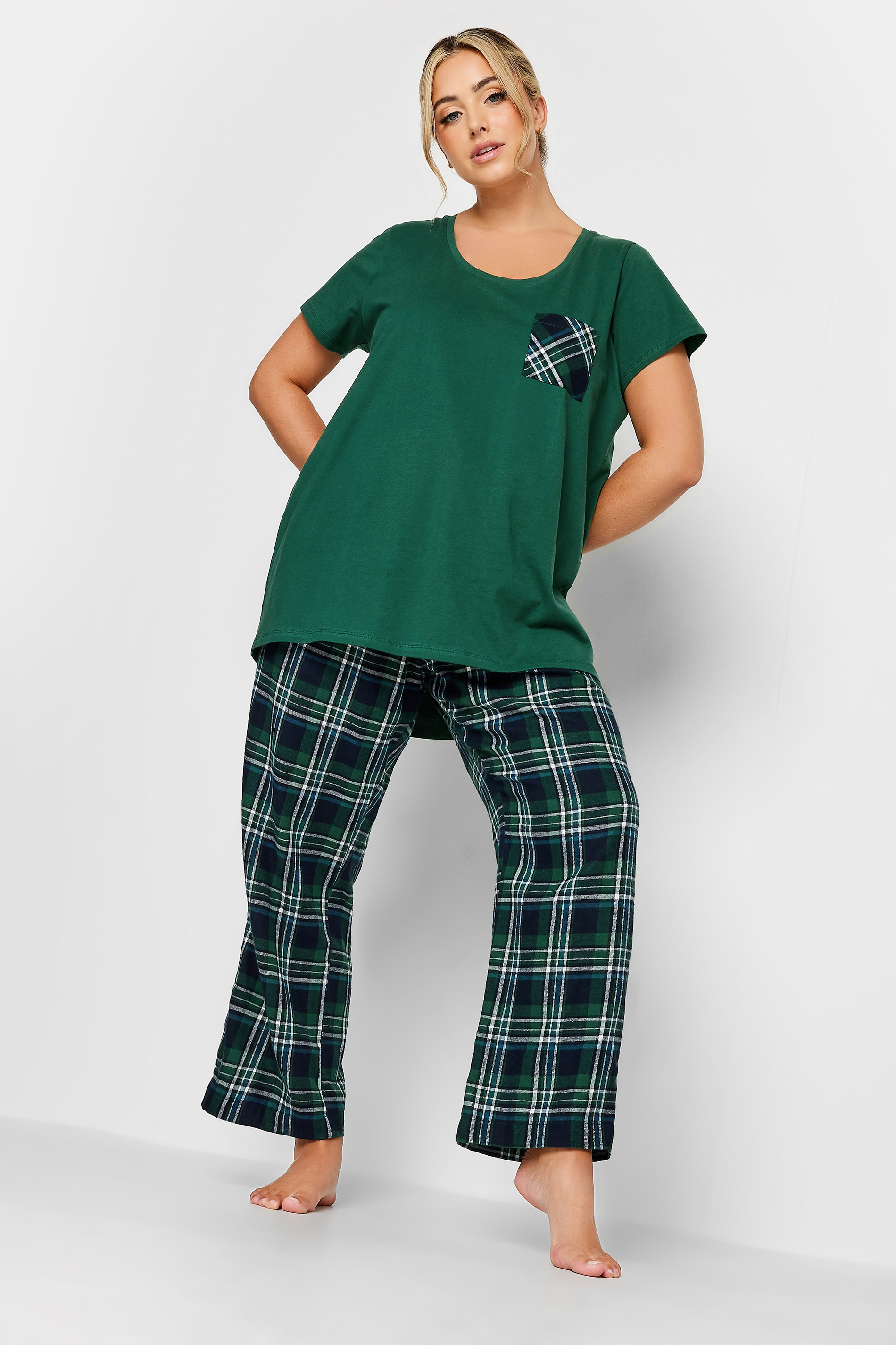 LIMITED COLLECTION Plus Size Green Tartan Check Pocket Pyjama Top | Yours Clothing 3