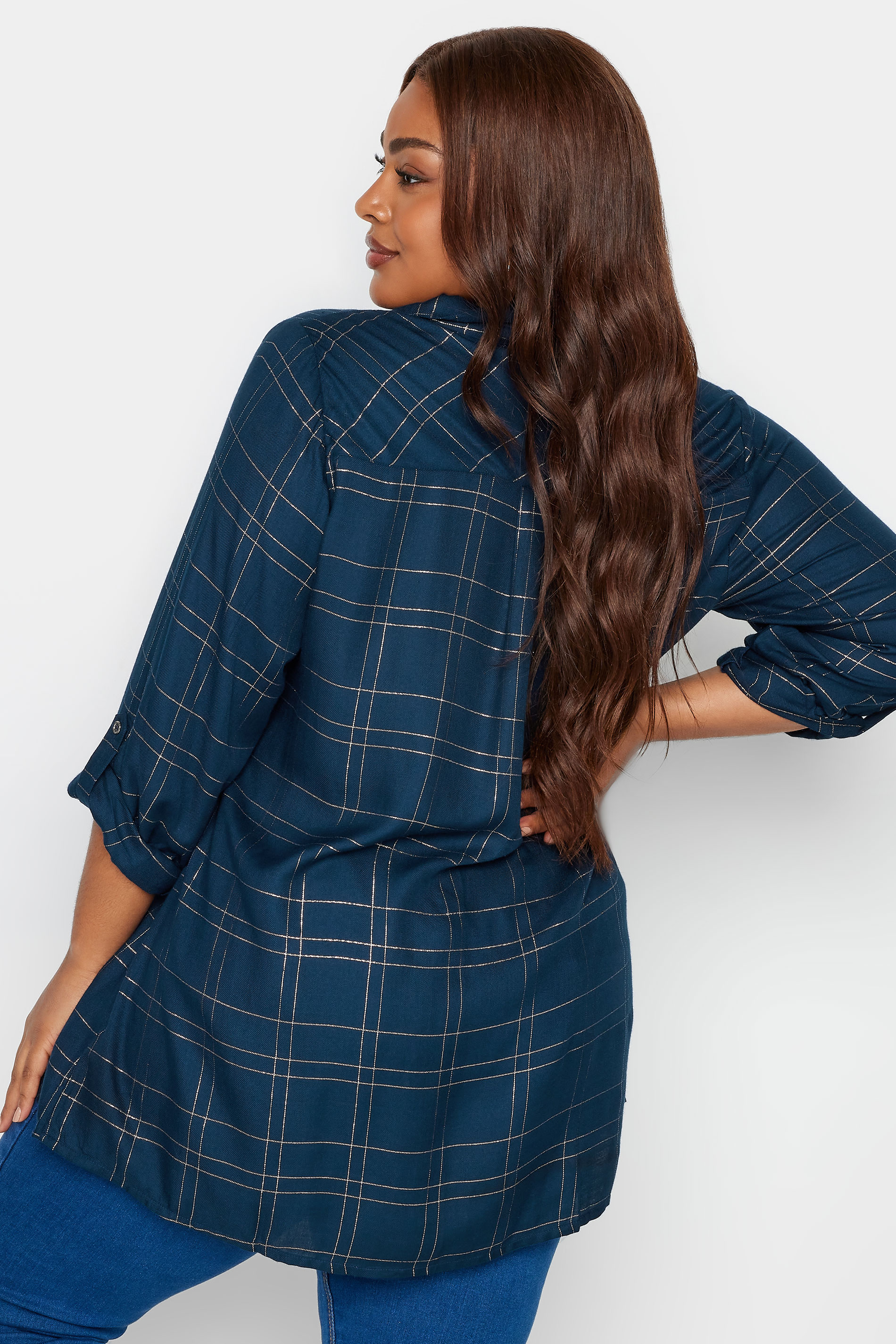 YOURS Curve Plus Size Navy Blue & Gold Check Print Shirt | Yours Clothing  3