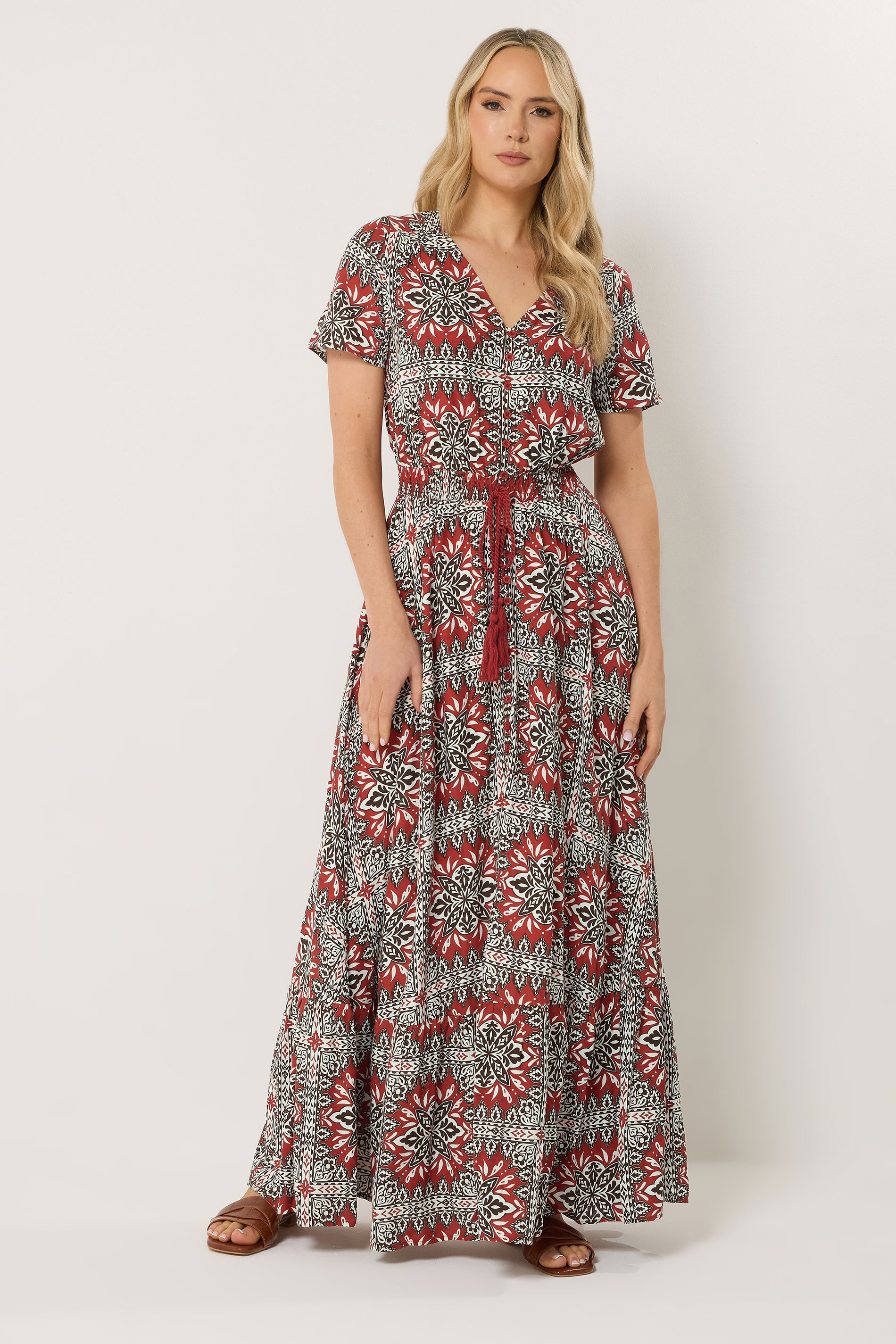 LTS Tall Women's Rust Orange Tile Print Tie Waist Maxi Dress | Long Tall Sally 1