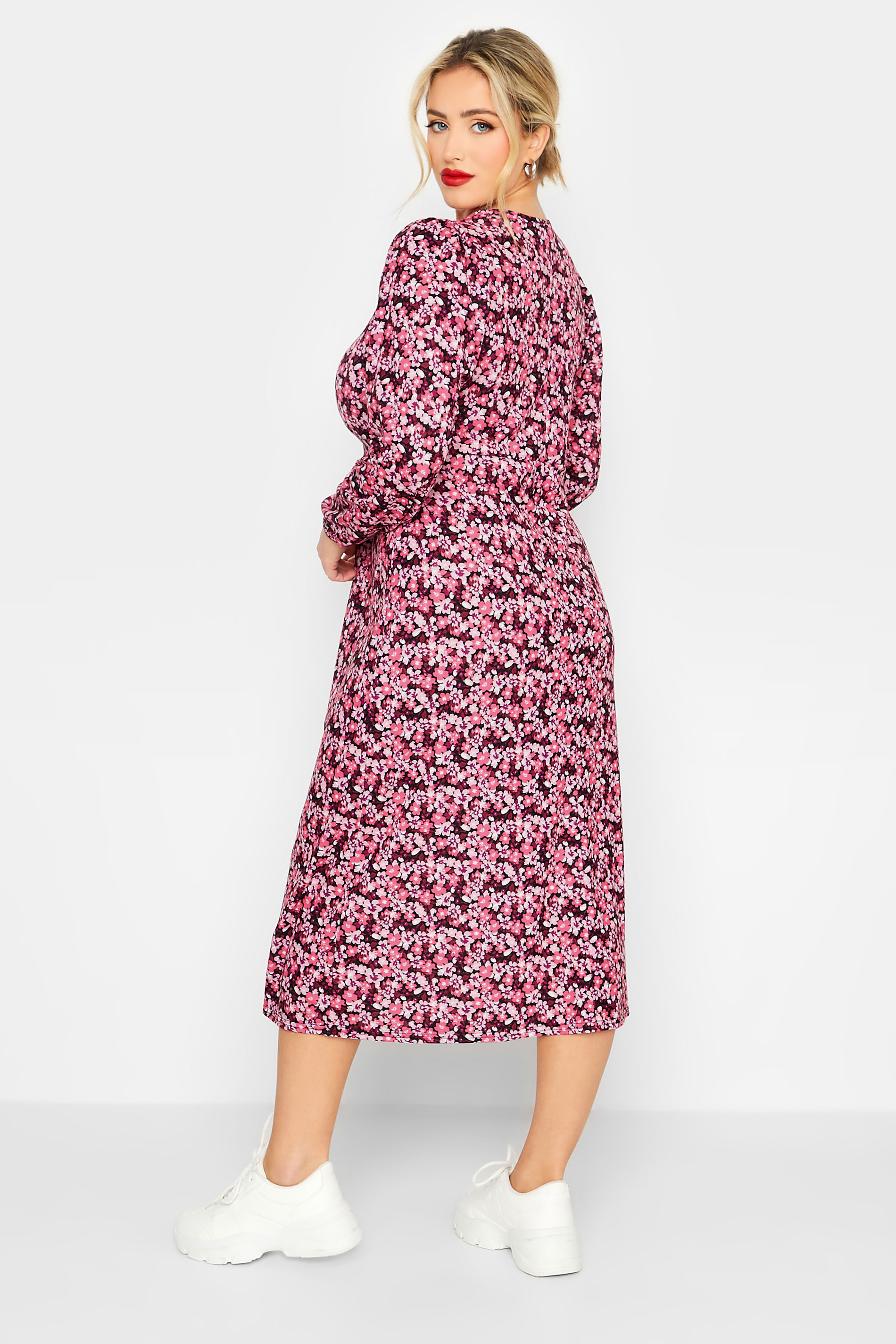 LIMITED COLLECTION Plus Size Pink Ditsy Ruched Midi Dress | Yours Clothing 3
