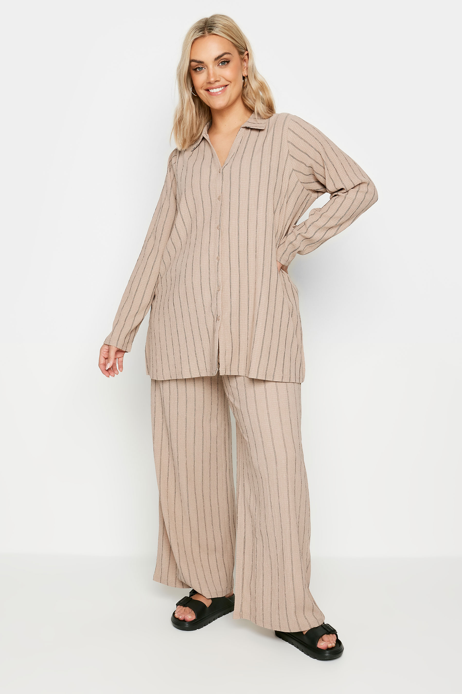 YOURS Plus Size Natural Brown Textured Pinstripe Wide Leg Trousers | Yours Clothing 3