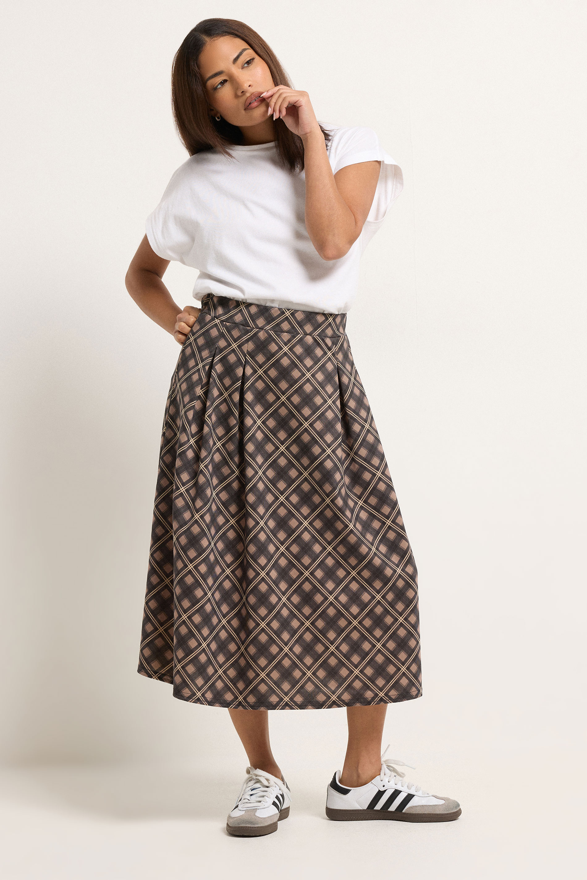 PixieGirl Petite Women's Brown Check Midi Skirt | PixieGirl 3