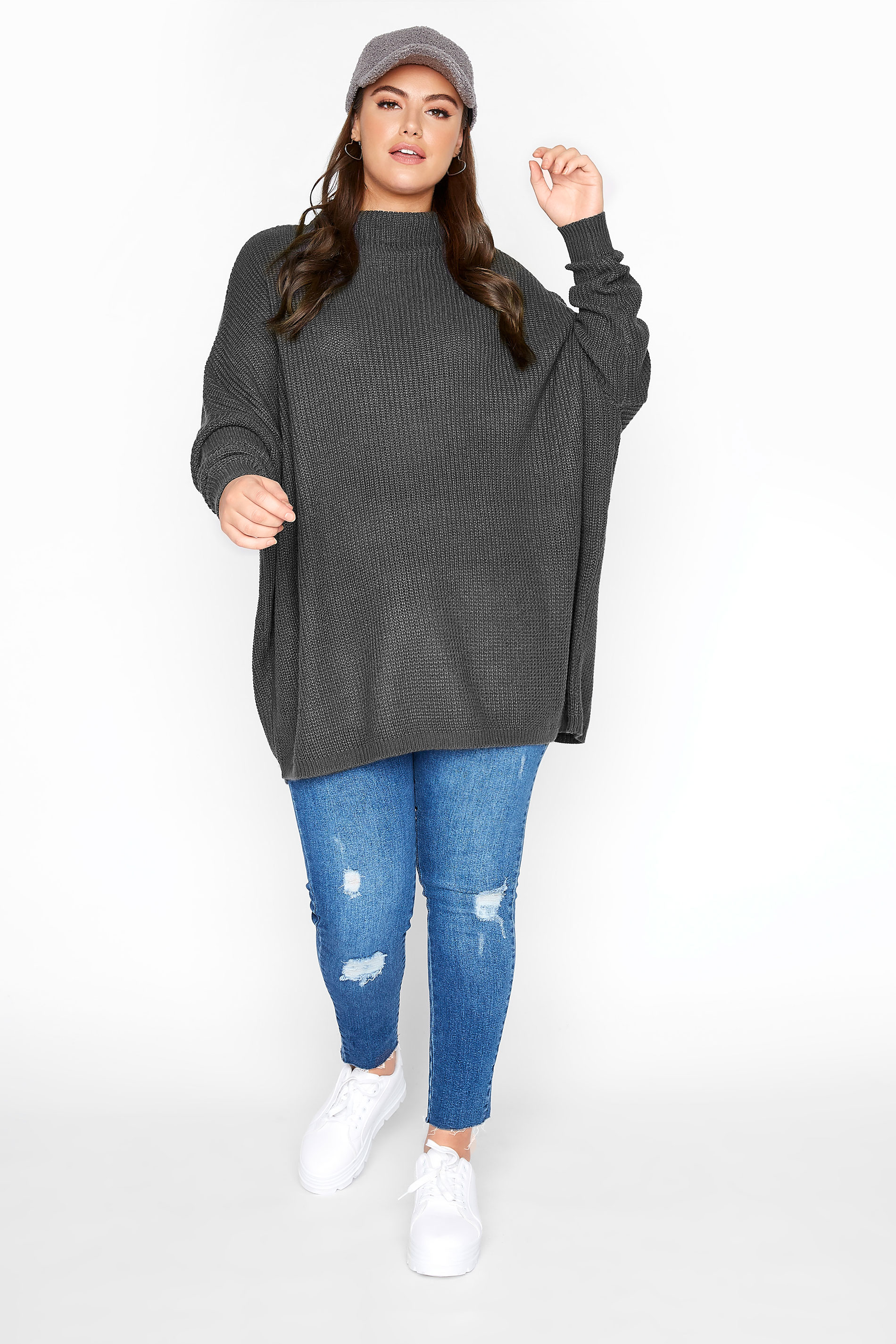 Charcoal Grey Oversized Knitted Jumper | Yours Clothing