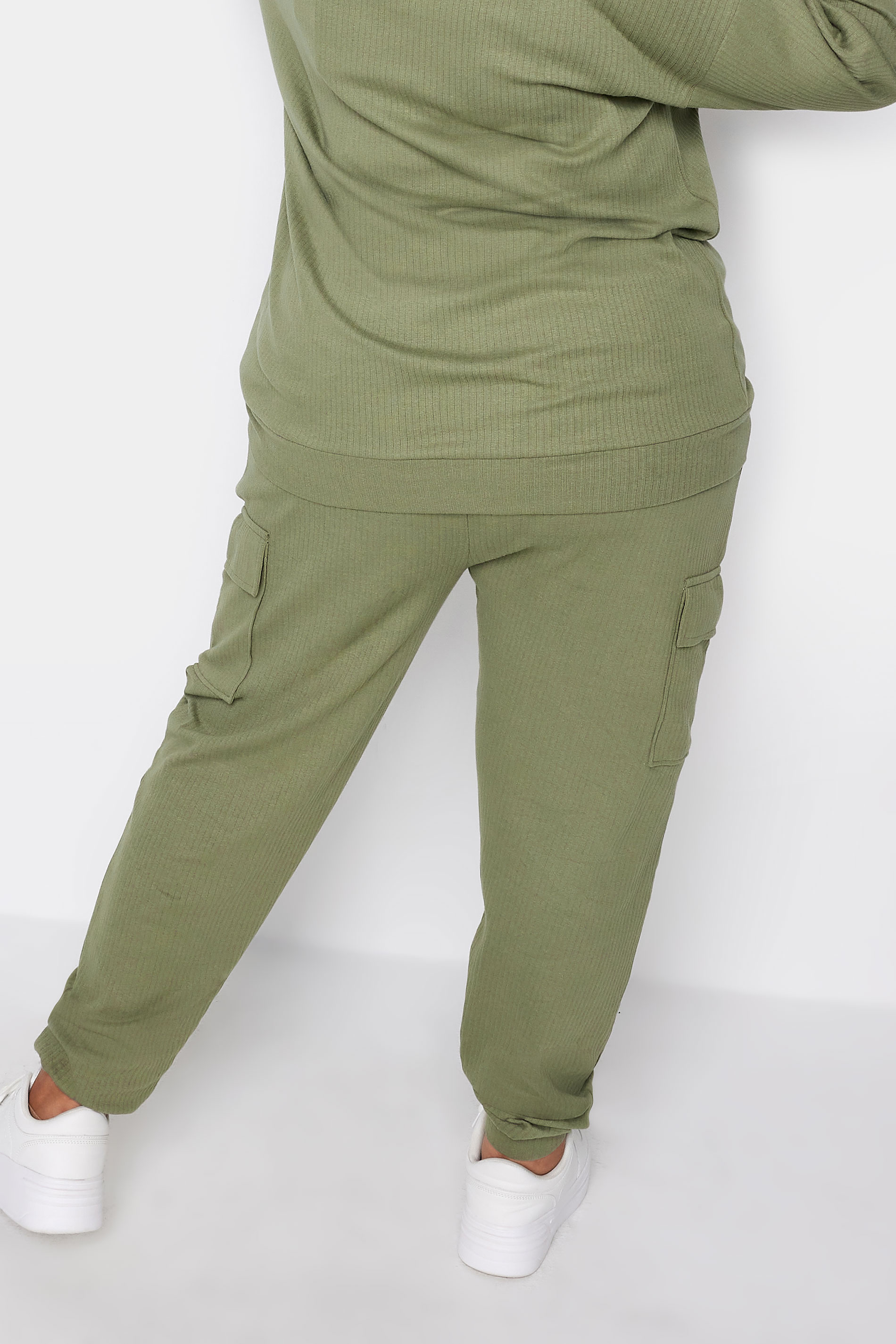 YOURS Plus Size Khaki Green Ribbed Cargo Joggers | Yours Clothing 3