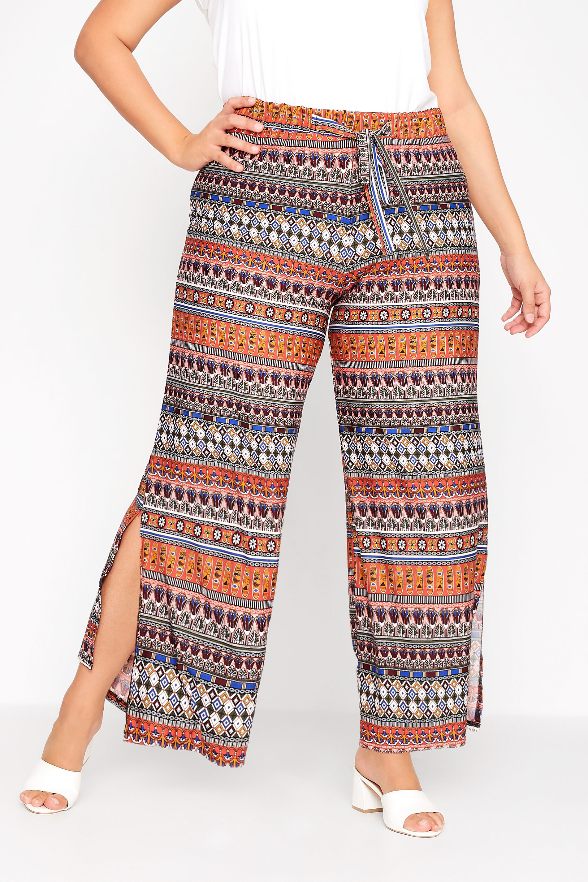 Plus Size Orange Aztec Print Tie Wide Leg Trousers | Yours Clothing 1