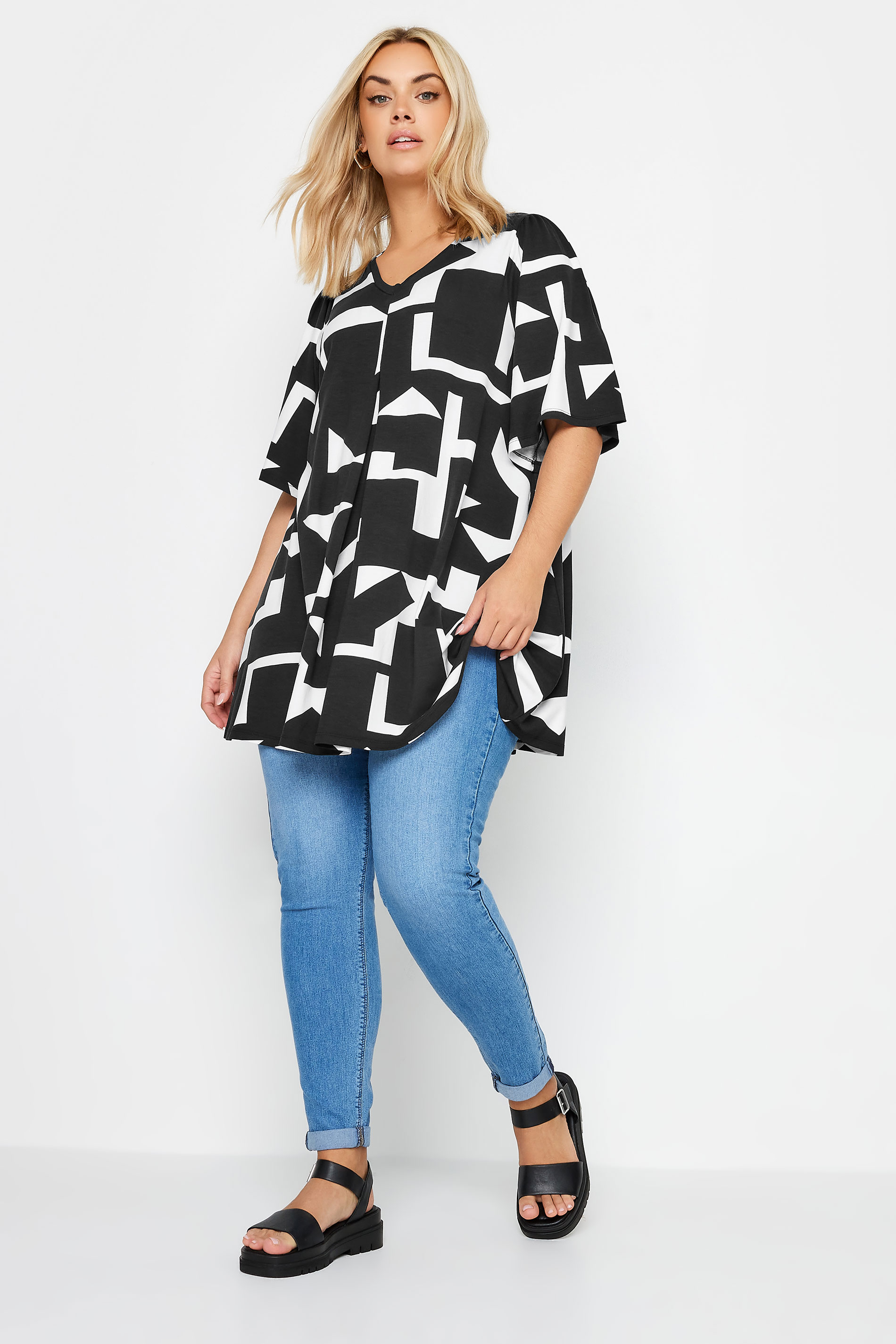YOURS Plus Size Black Abstract Print Angel Sleeve Top | Yours Clothing 2