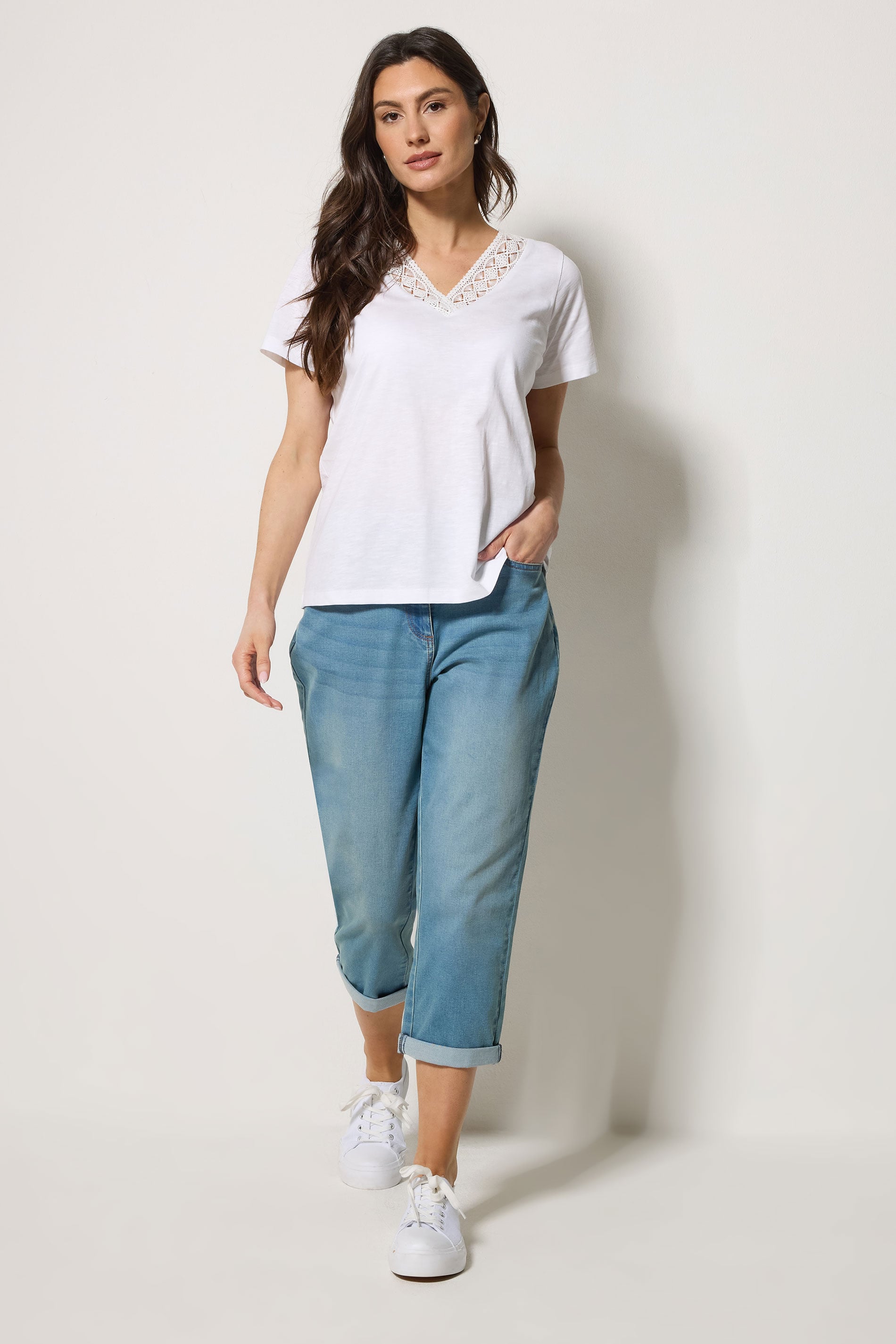 M&Co White Lace Trim V-Neck Cotton T-Shirt | M&Co 4