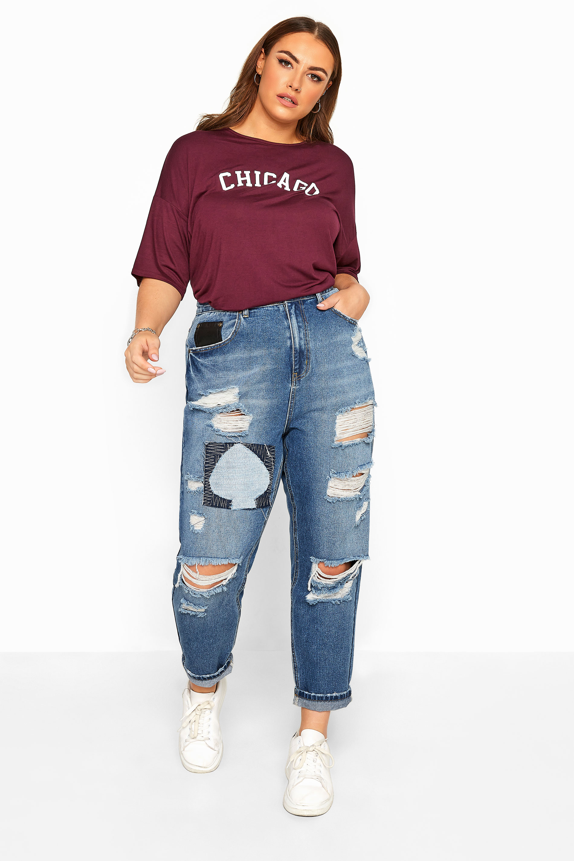 Blue Extreme Ripped Patch Mom Jeans