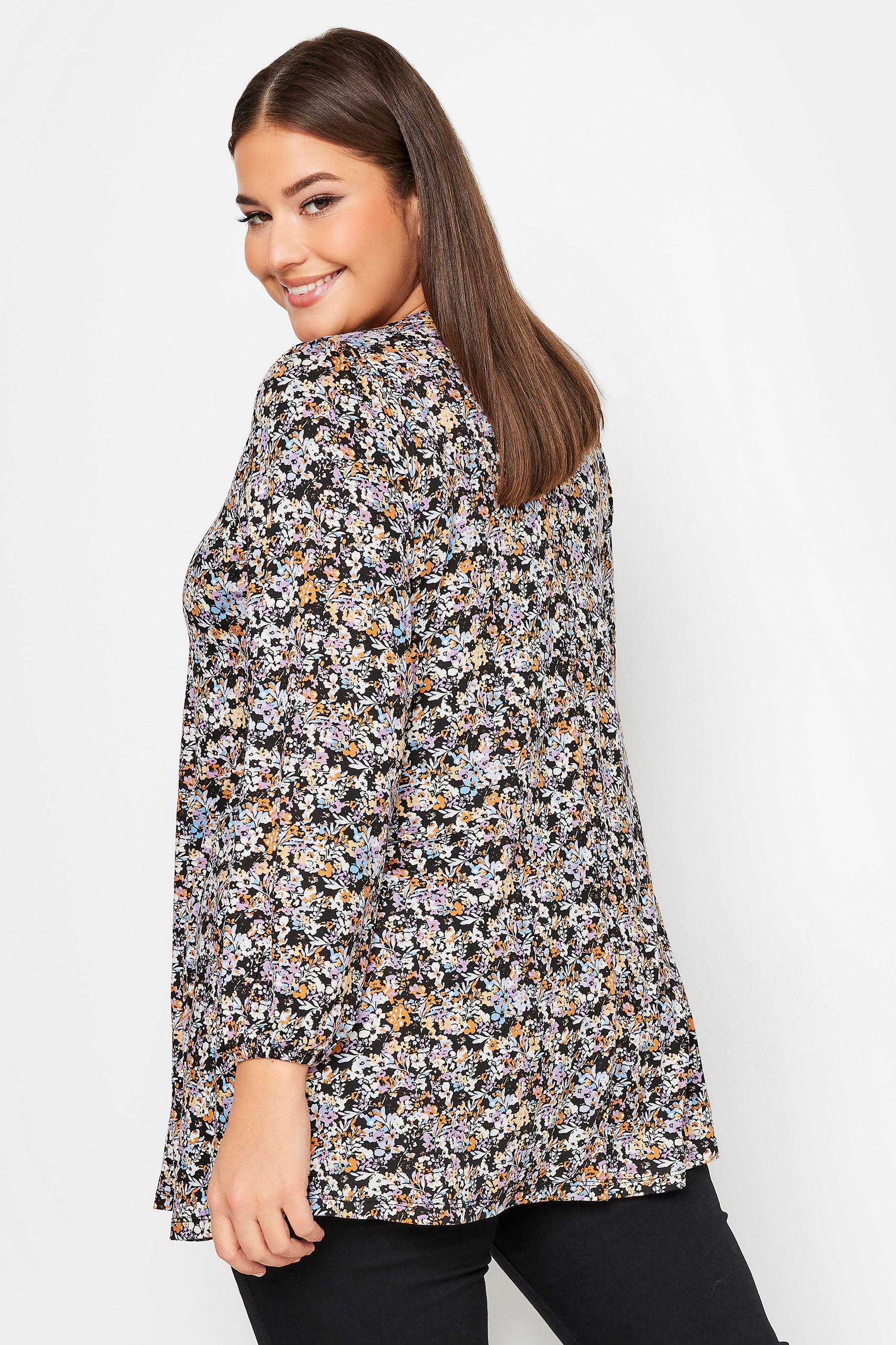 YOURS Plus Size Black Floral Print Long Sleeve Swing Top | Yours Clothing 3