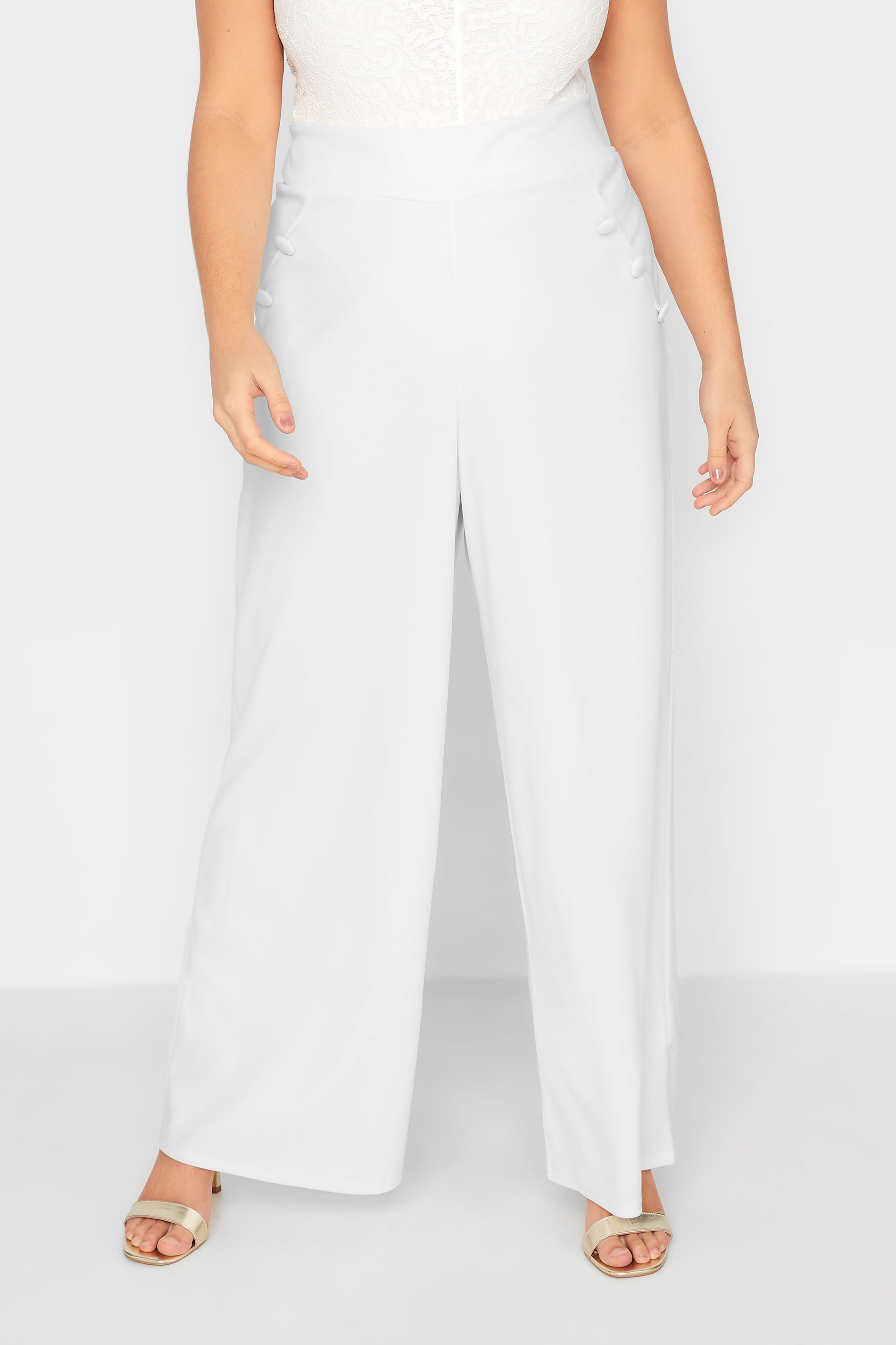 YOURS LONDON Plus Size White Button Stretch Crepe Wide Leg Trousers | Yours Clothing 2