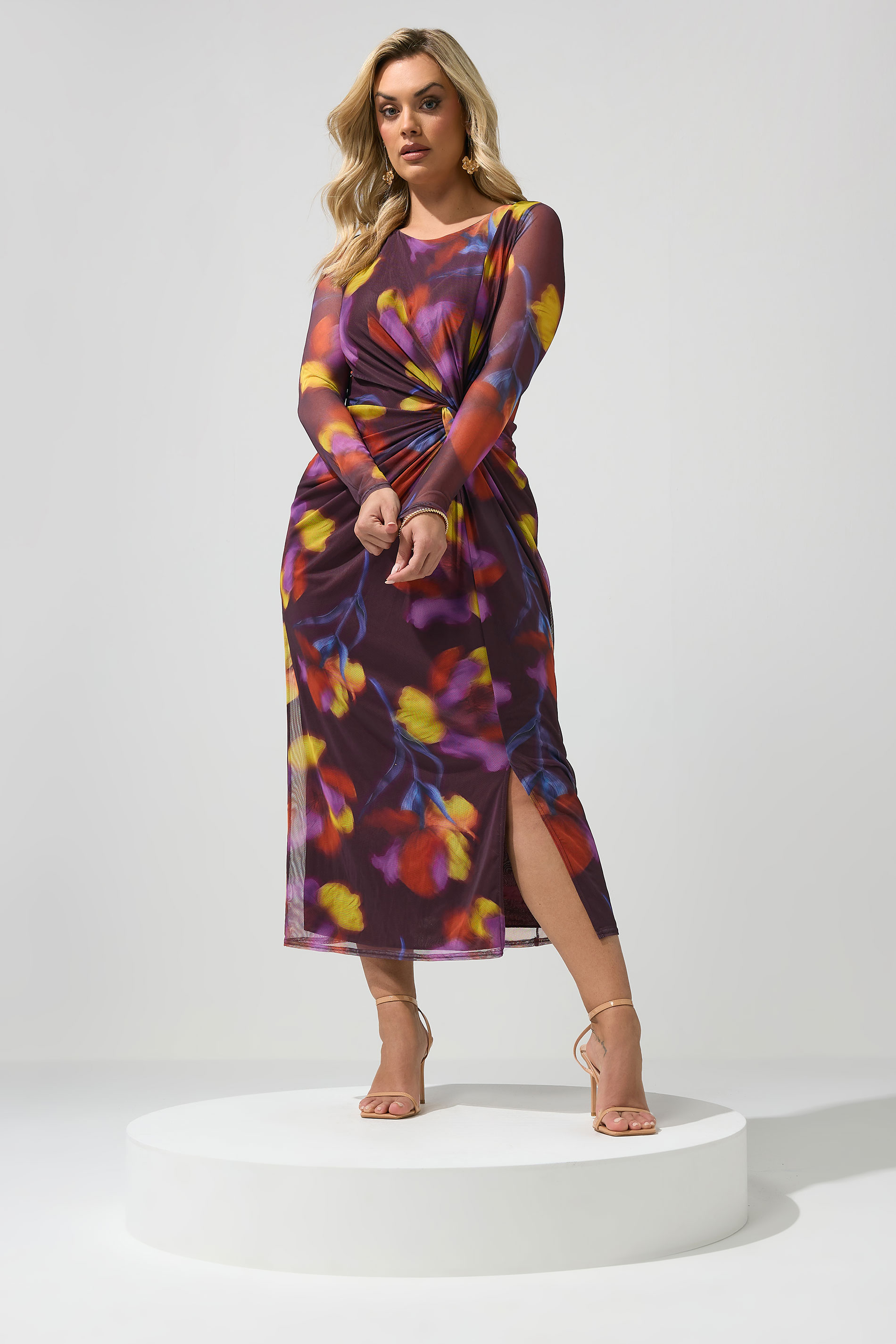 YOURS LONDON Plus Size Purple Abstract Floral Mesh Side Knot Midi Dress | Yours Clothing 1