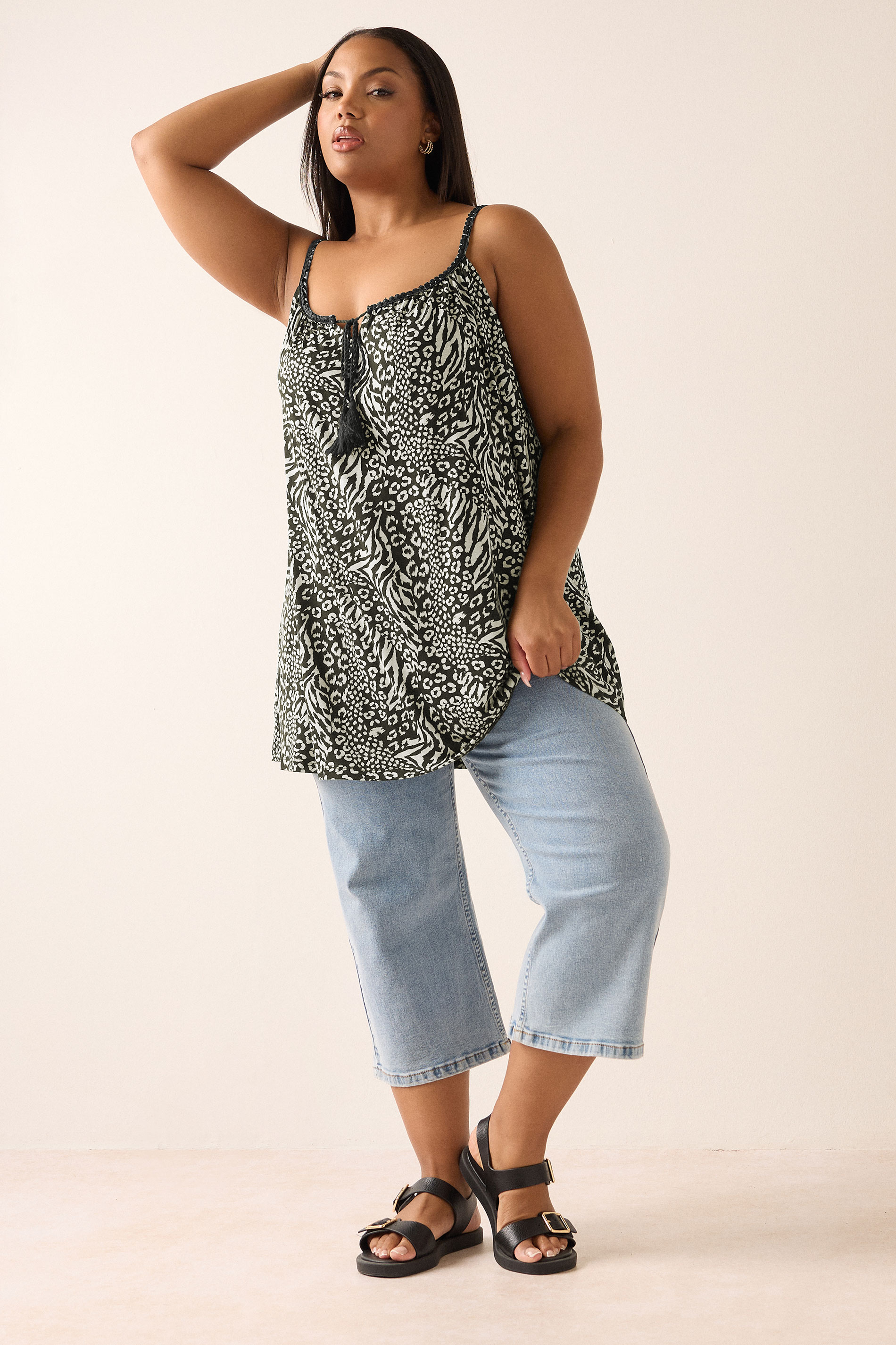 YOURS Plus Size Black Leopard Tassel Cami Vest Top | Yours Clothing 1