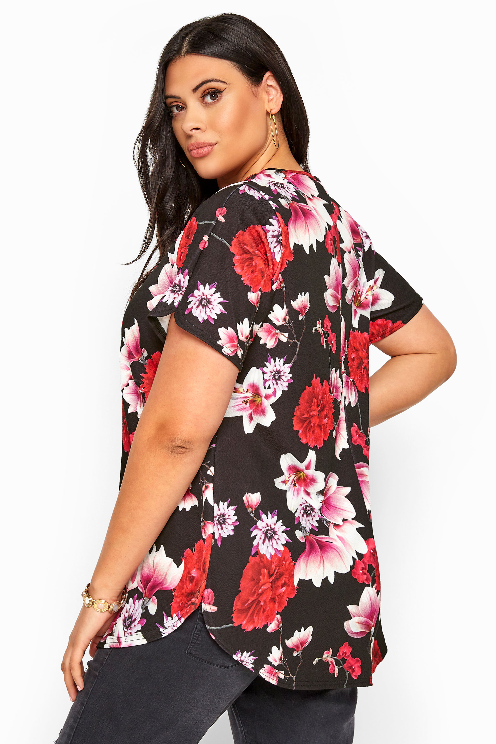 Black & Red Floral Top | Yours Clothing