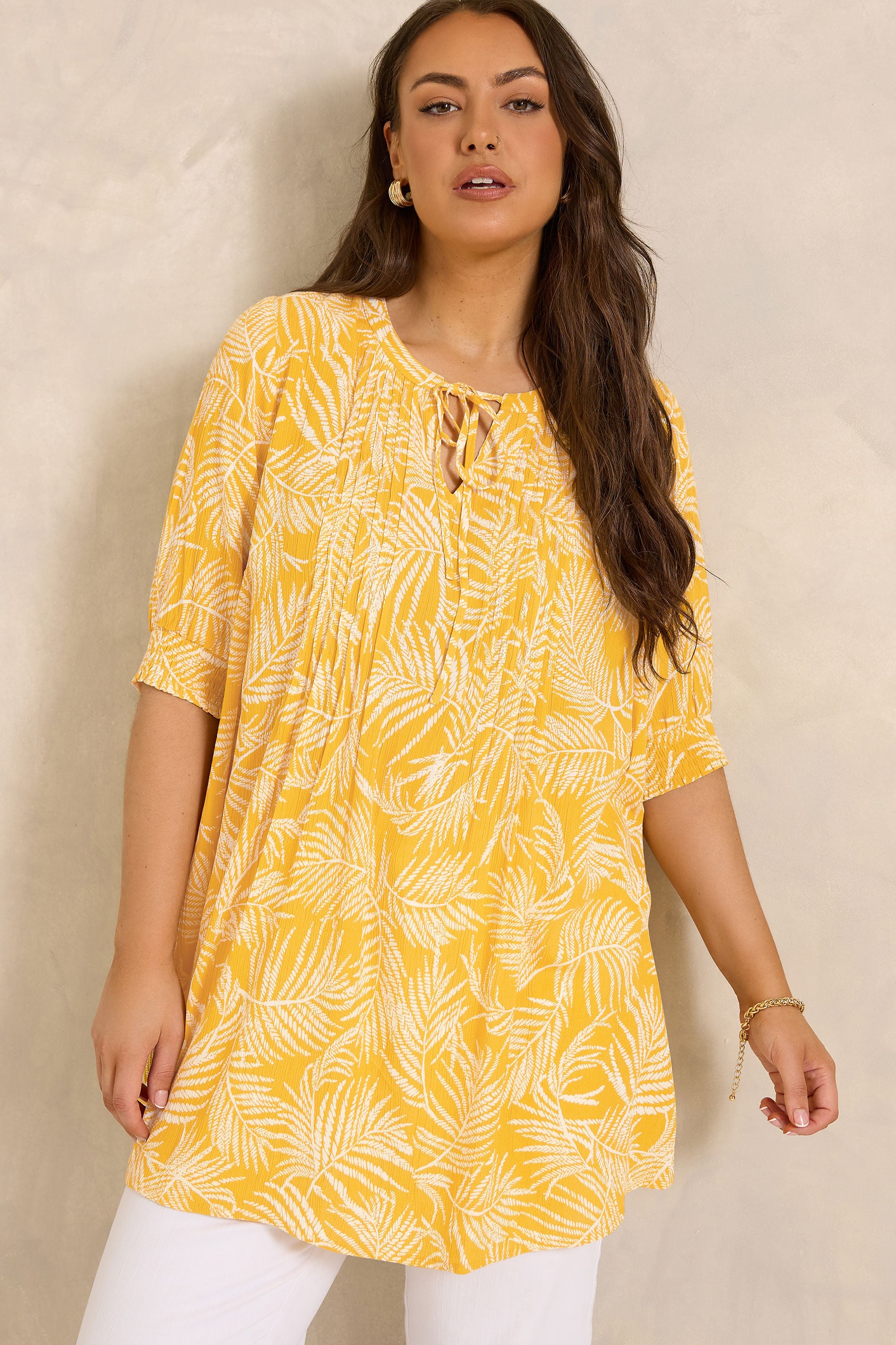 EVANS Plus Size Yellow Pintuck Tie Neck Blouse | Evans 1