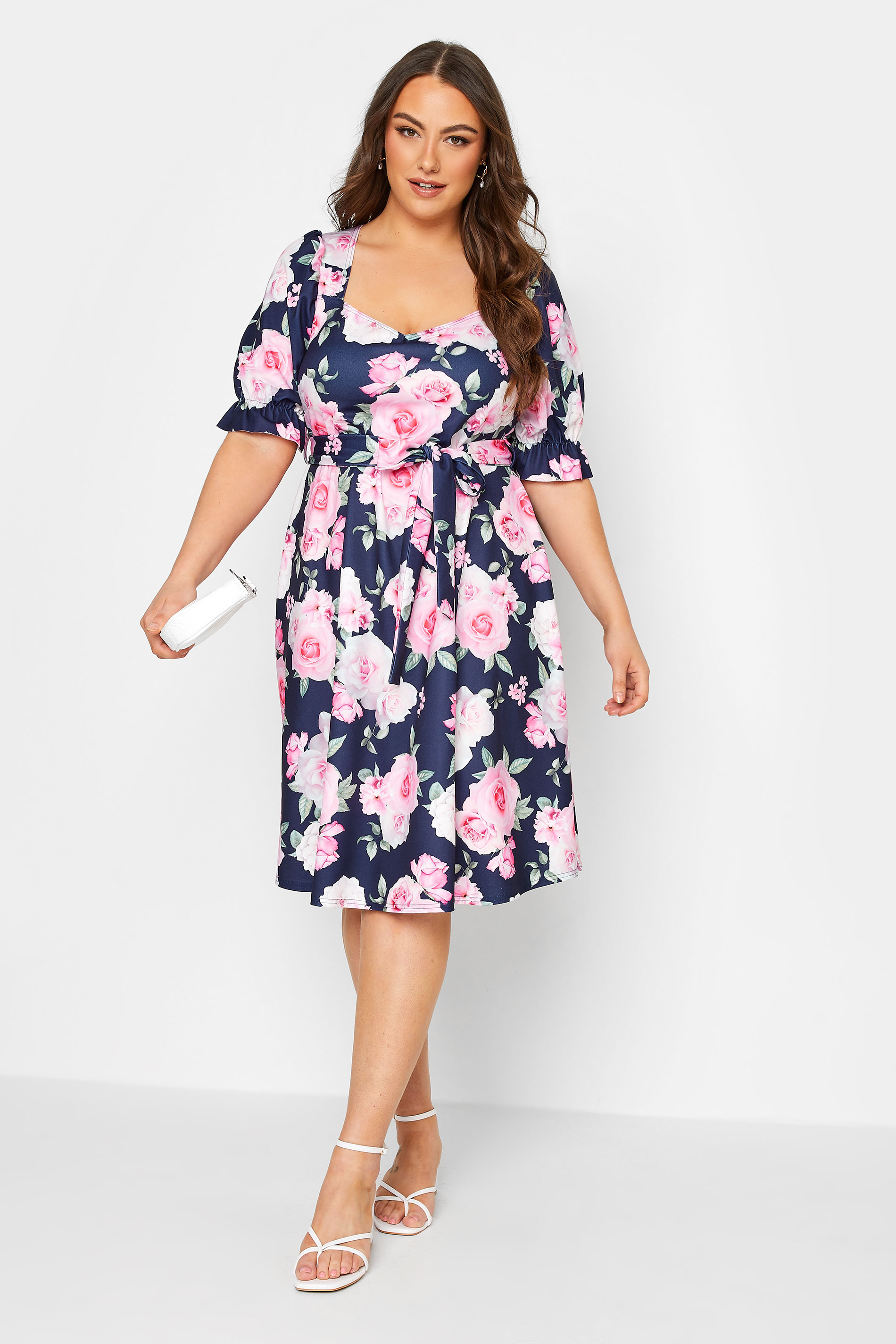 YOURS LONDON Curve Navy Blue Floral Print Puff Sleeve Dress | Yours Clothing 2