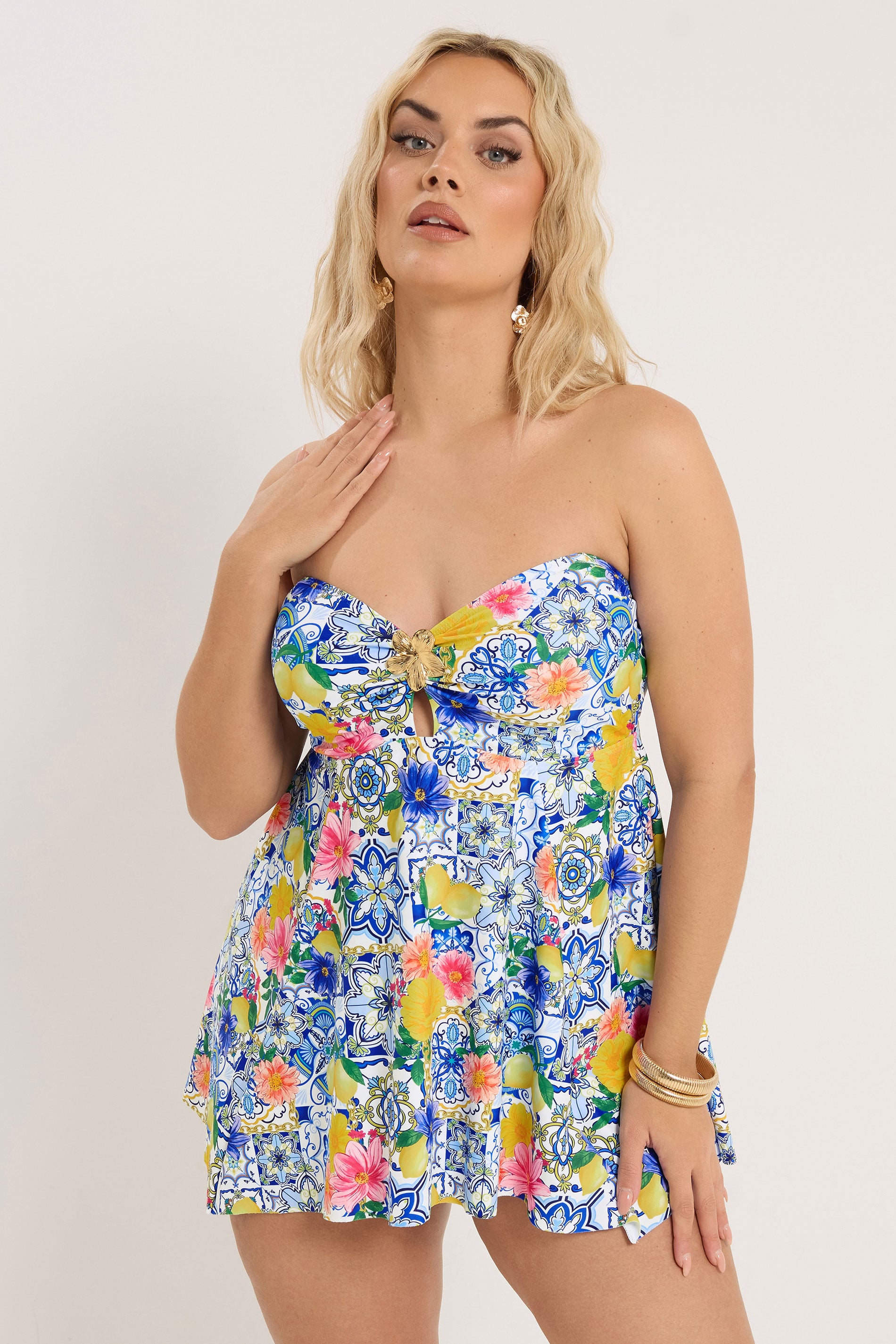 YOURS Plus Size Blue Mediterranean Tile Tankini Top | Yours Clothing 2