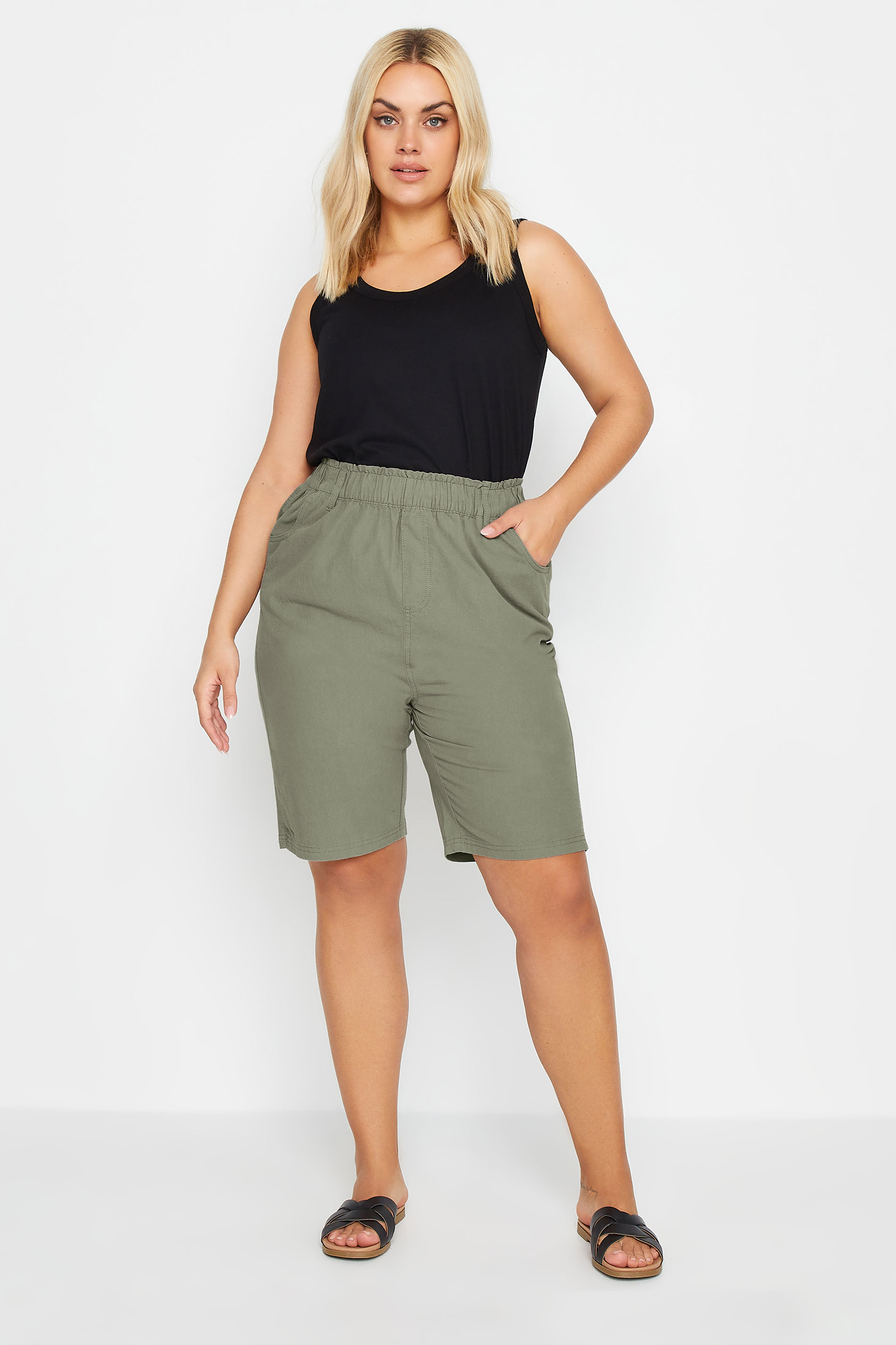 YOURS Plus Size Green Khaki Cool Cotton Shorts | Yours Clothing 2