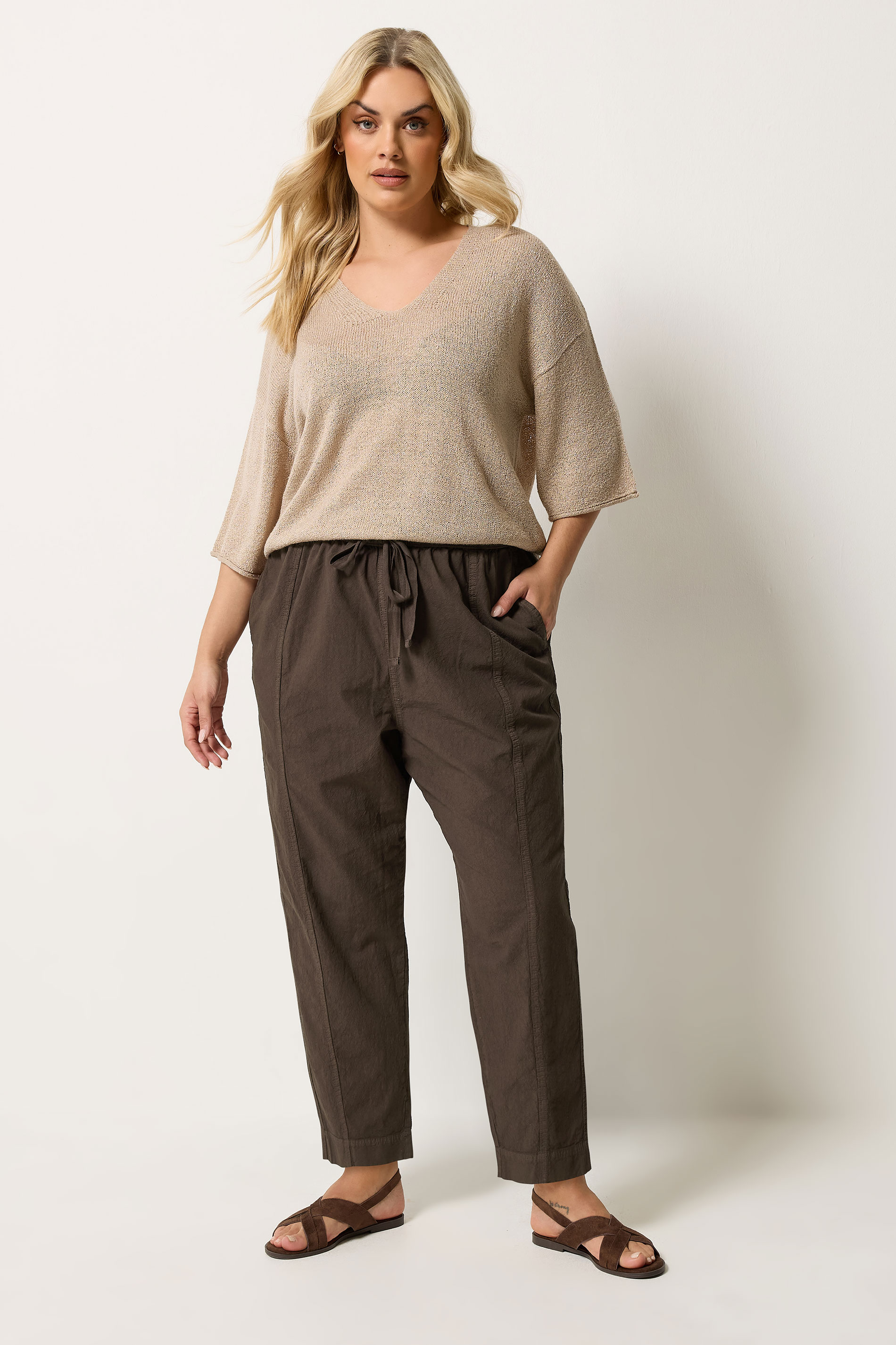 YOURS Plus Size Chocolate Brown Cool Cotton Barrel Leg Trousers | Yours Clothing 2