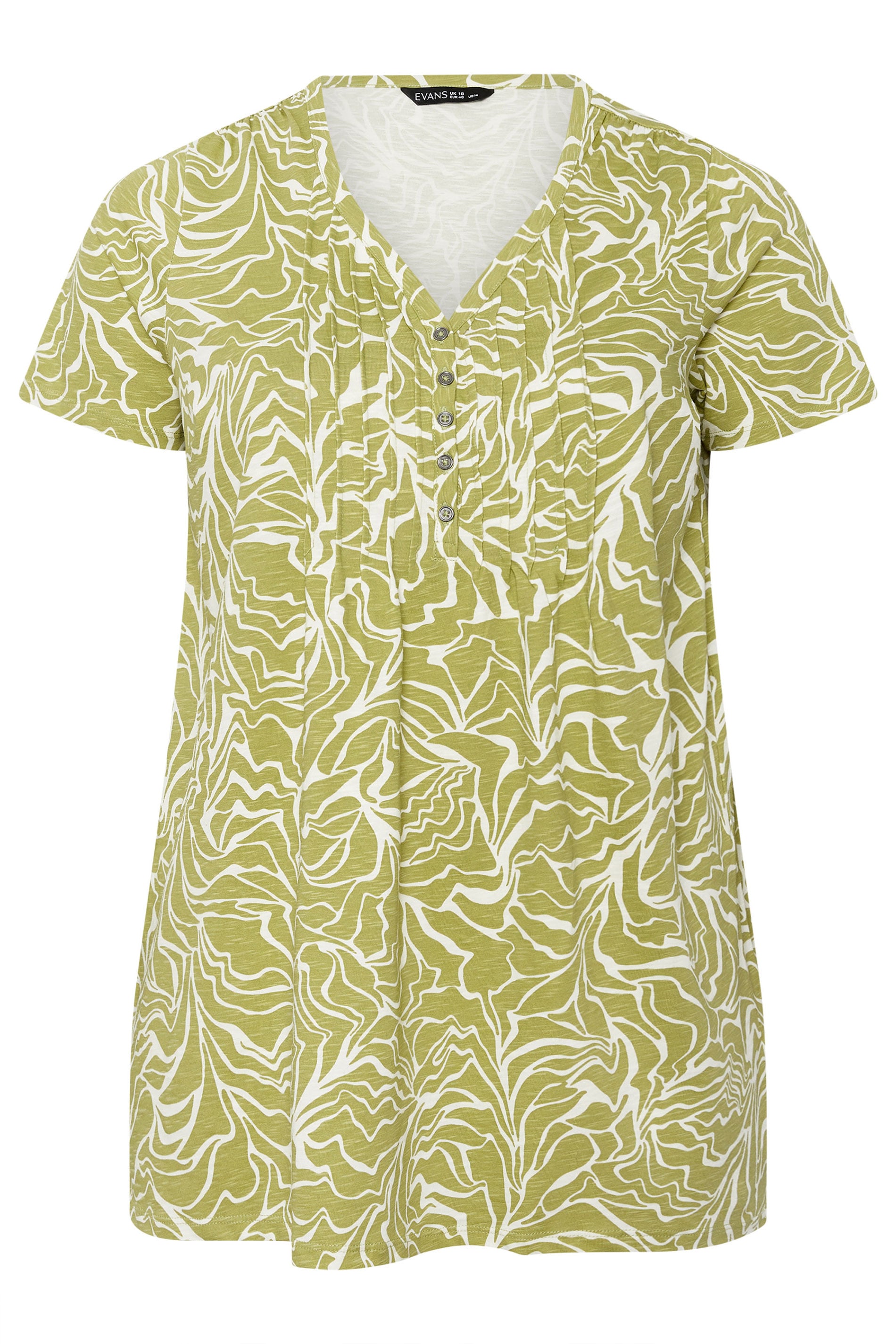 EVANS Plus Size Green Abstract Print Cotton Henley Top | Evans 6