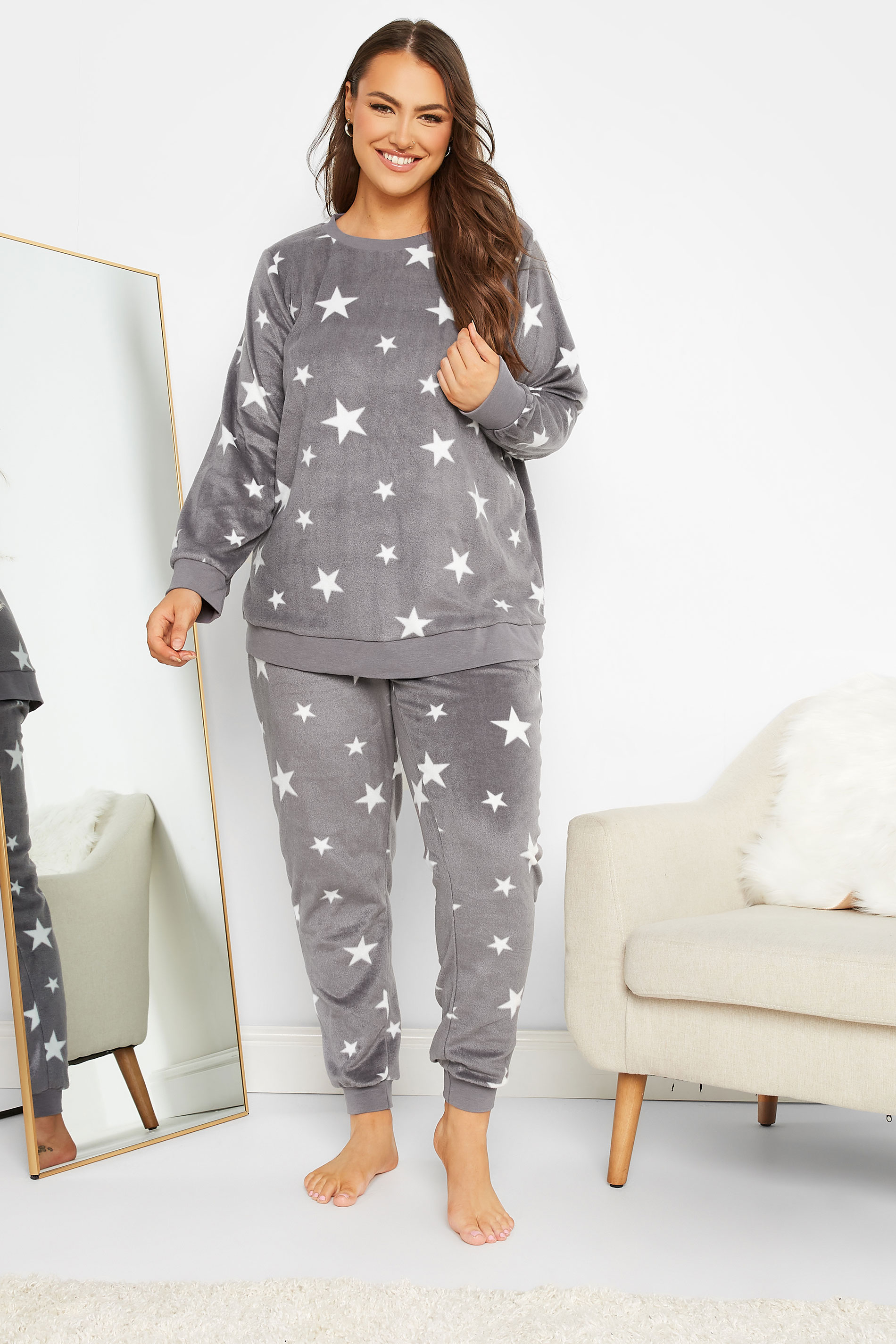 Plus Size Grey Star Print Fleece Lounge Set | Yours Clothing  2
