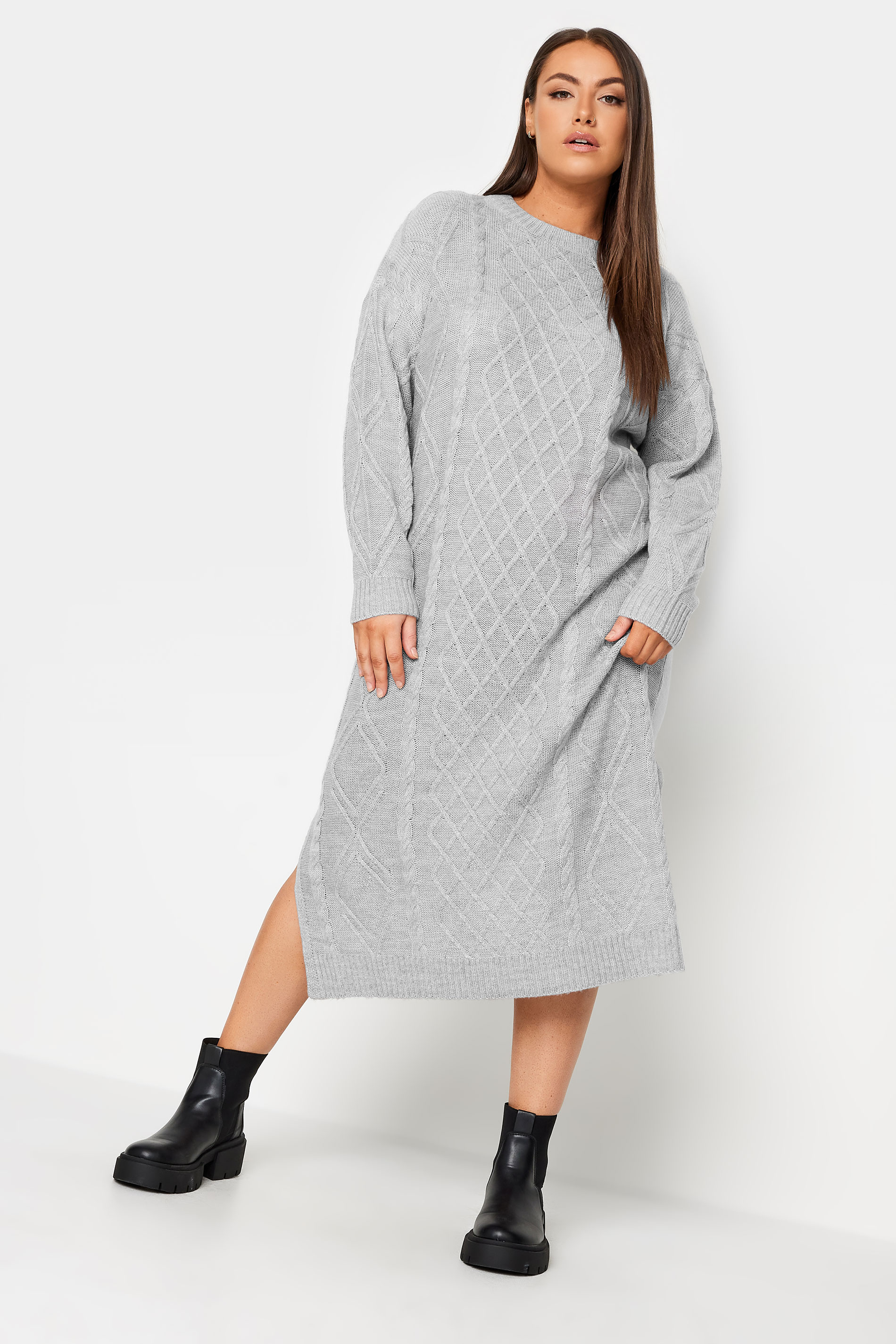 YOURS Plus Size Grey Cable Knit Midi Jumper Dress | Yours Clothing 3