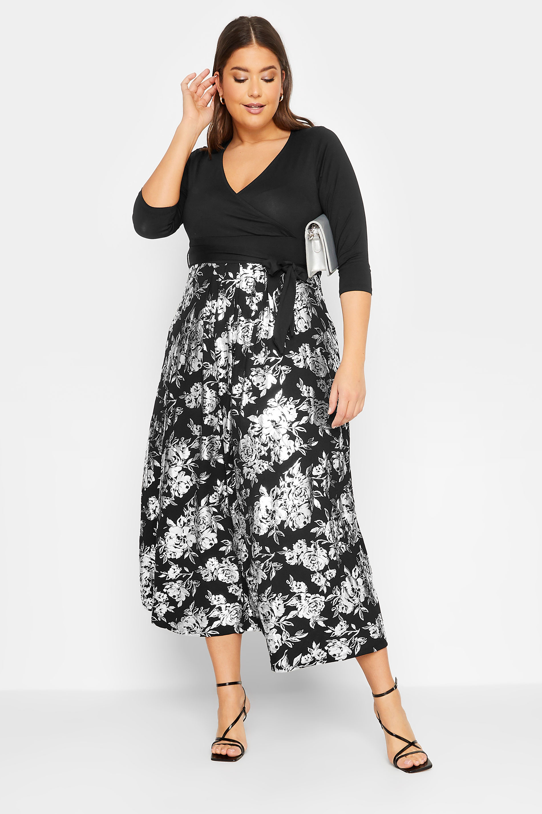 YOURS LUXURY Plus Size Black & Silver Foil Floral Print Wrap Dress | Yours Clothing 2