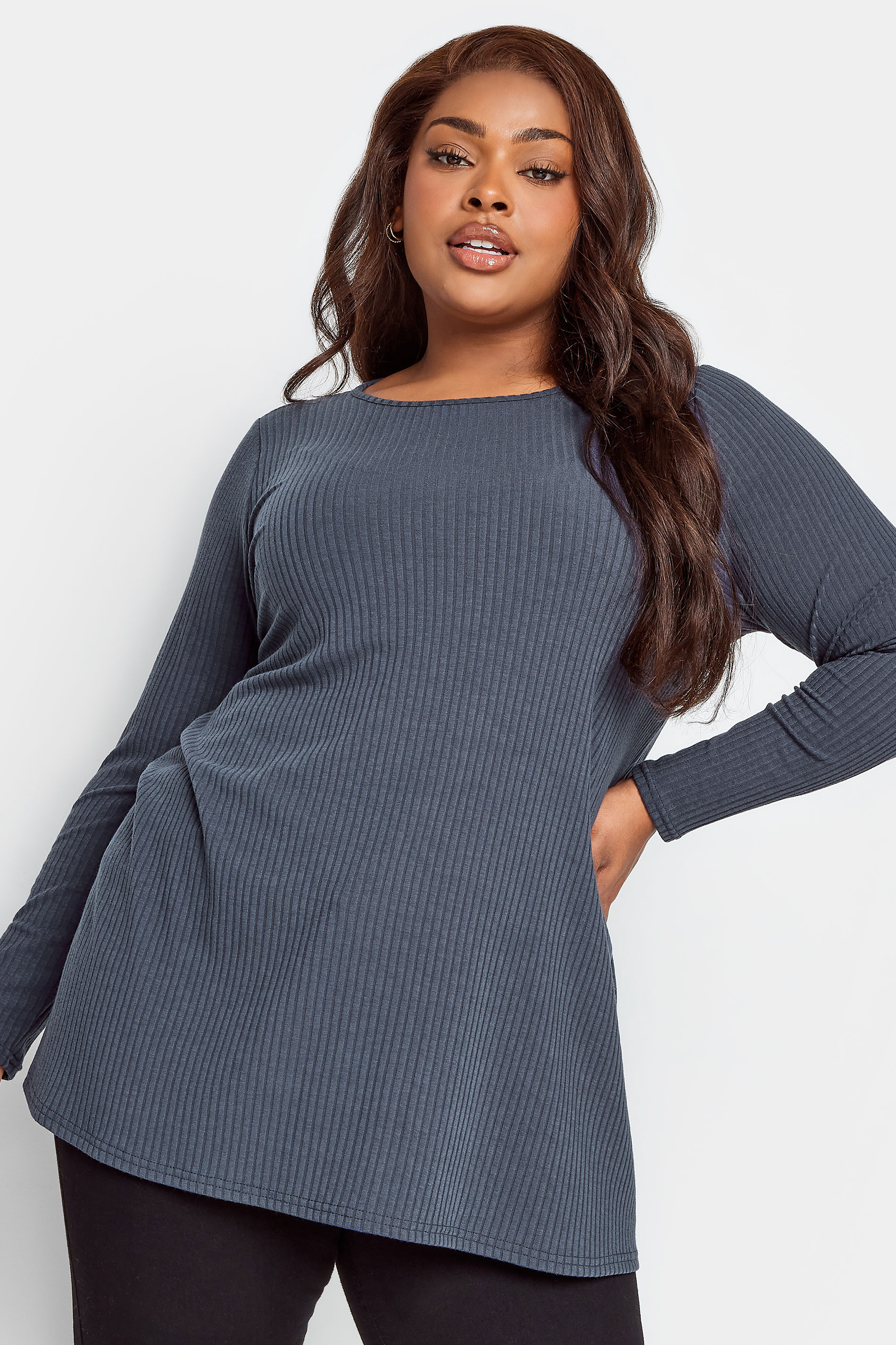 YOURS Plus Size Grey Ribbed Long Sleeve Swing Top | Yours Clothing 1